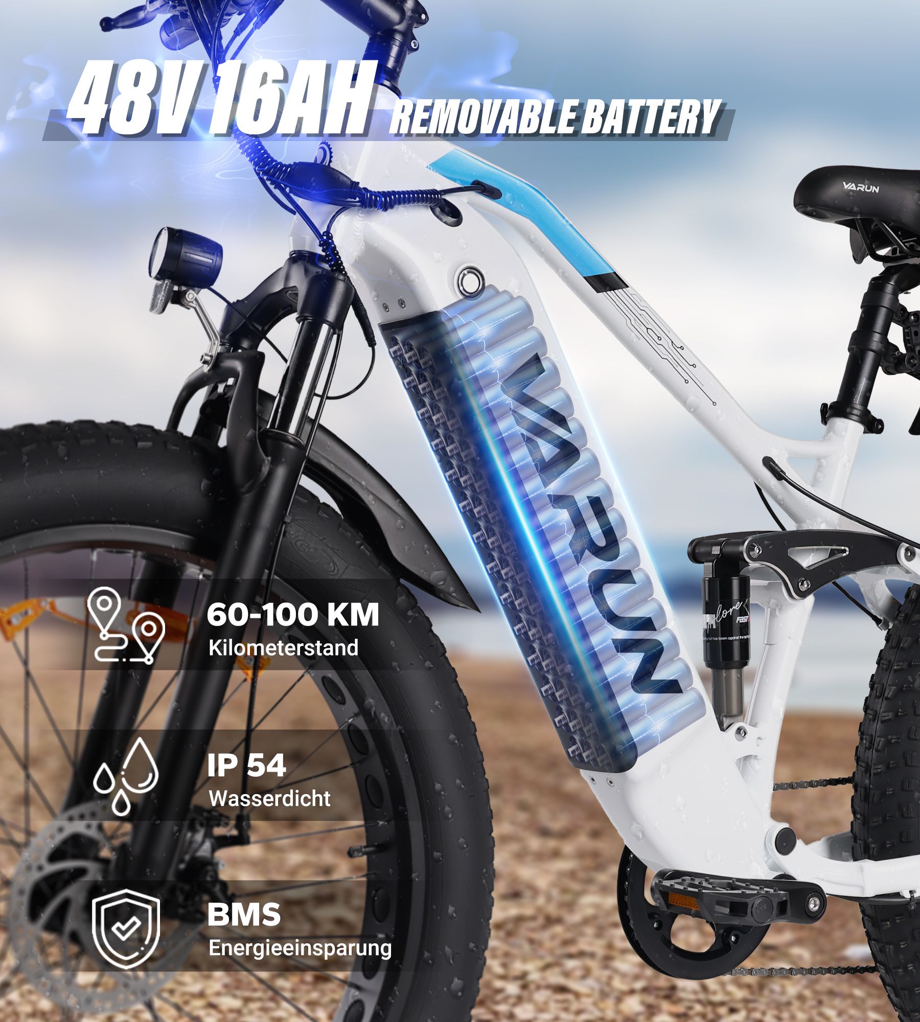 E-Bike mit 48V 16Ah Akku, abnehmbar. Reichweite 60-100 km, IP54 wasserdicht, BMS Energieeinsparung. VARUN-Logo.