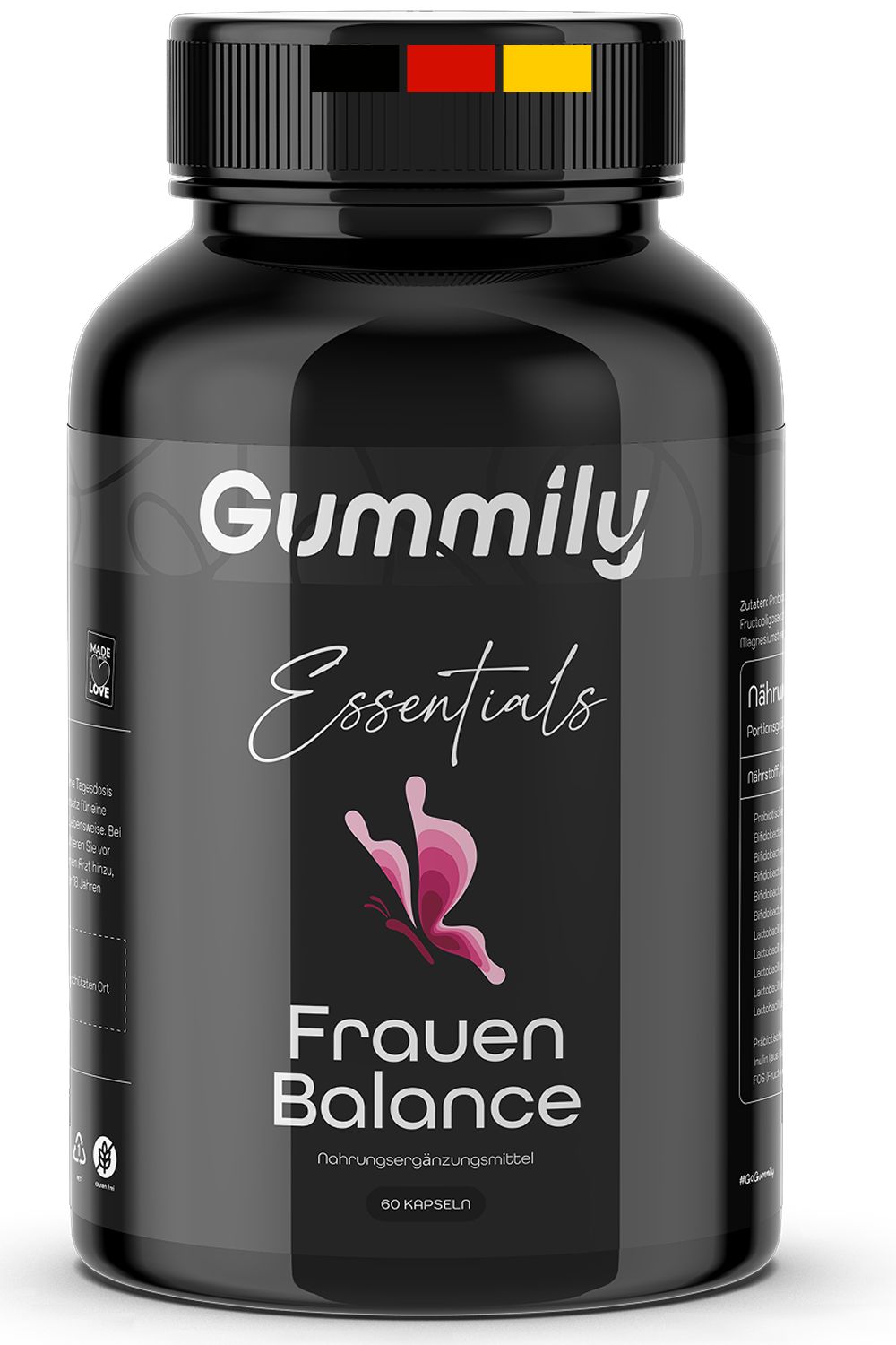 Schwarze Flasche mit Gummily Essentials Frauen Balance Kapseln. Aufschrift: 60 Kapseln. Mit deutschem Fähnchen auf dem Deckel.