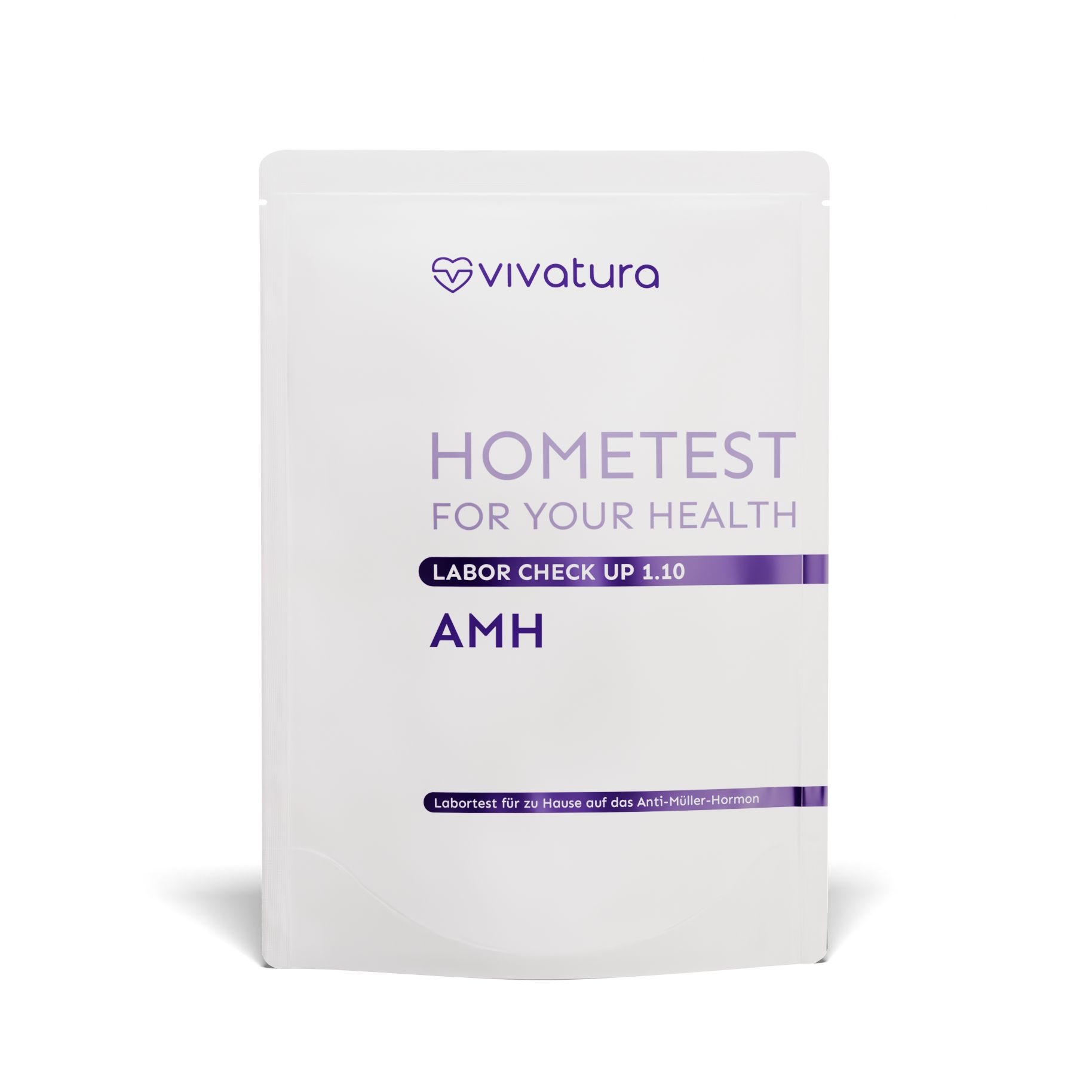 Weißer Beutel mit vivatura Logo und Aufschrift „HOMETEST FOR YOUR HEALTH“. Text: AMH, Labor Check Up 1.10.