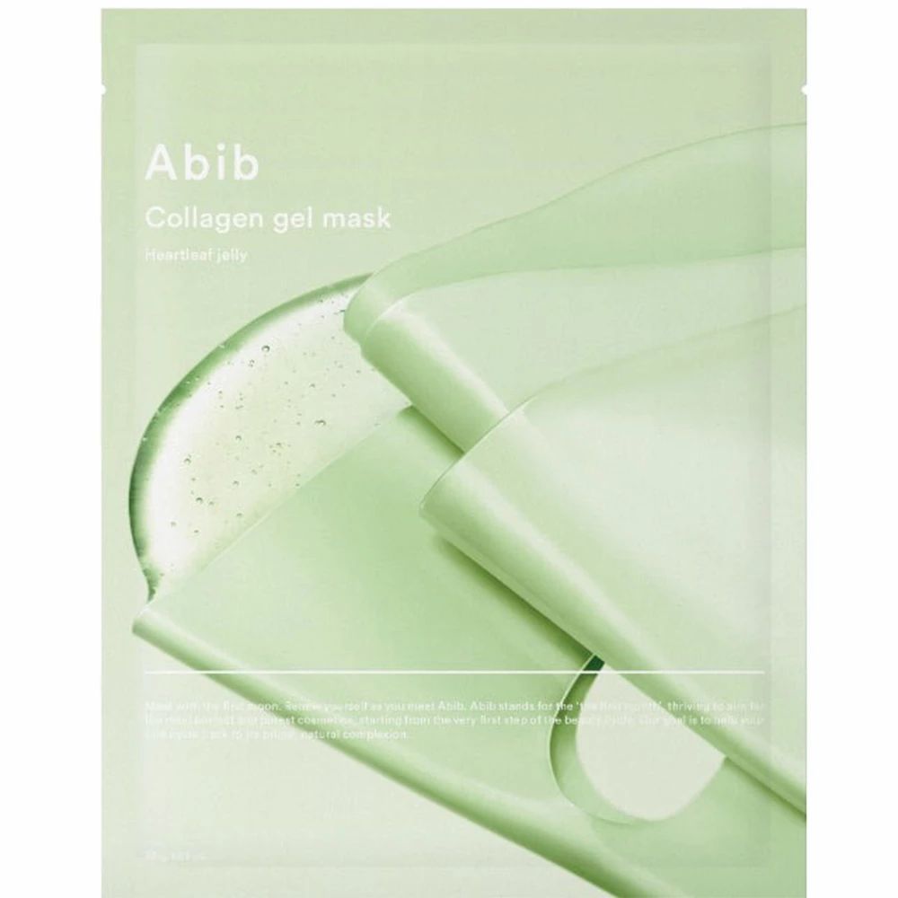 Grüne Verpackung mit Produkt. Aufschrift: Abib Collagen Gel Mask Heartleaf Jelly. Gelmaske teilweise sichtbar.