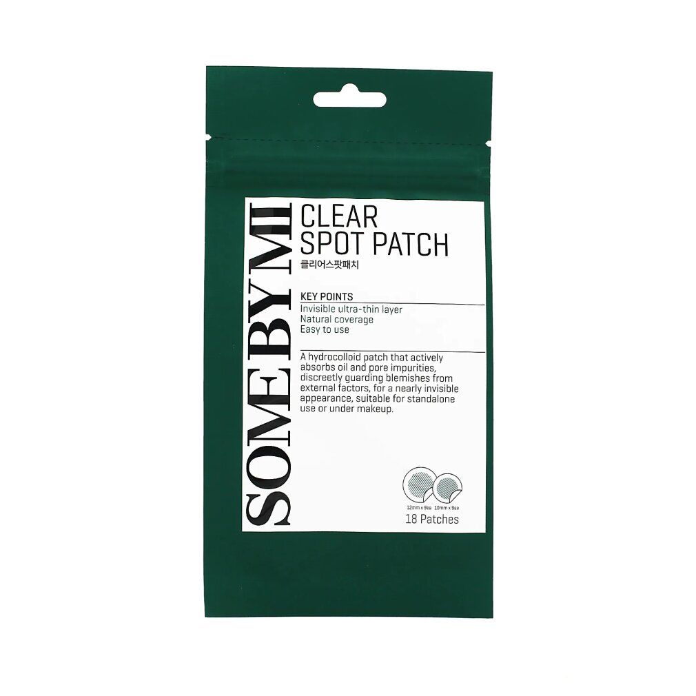 SOMEBYMI Clear Spot Patch Verpackung mit Fokus auf die Vorderseite, die wichtige Merkmale und 18 Patches hervorhebt.