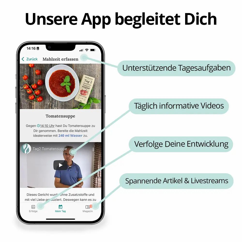 Smartphone mit App-Ansicht. Text: Unsere App begleitet Dich, unterstützende Tagesaufgaben, tägliche Videos, Artikel & Livestreams.