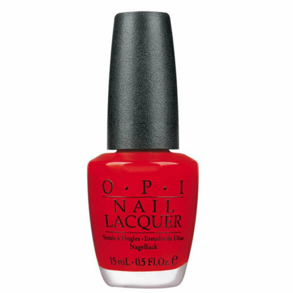 Rote Nagellackflasche mit schwarzem Deckel. OPI Nail Lacquer Schriftzug. Volumenangabe: 15 ml - 0.5 FL.OZ. e.