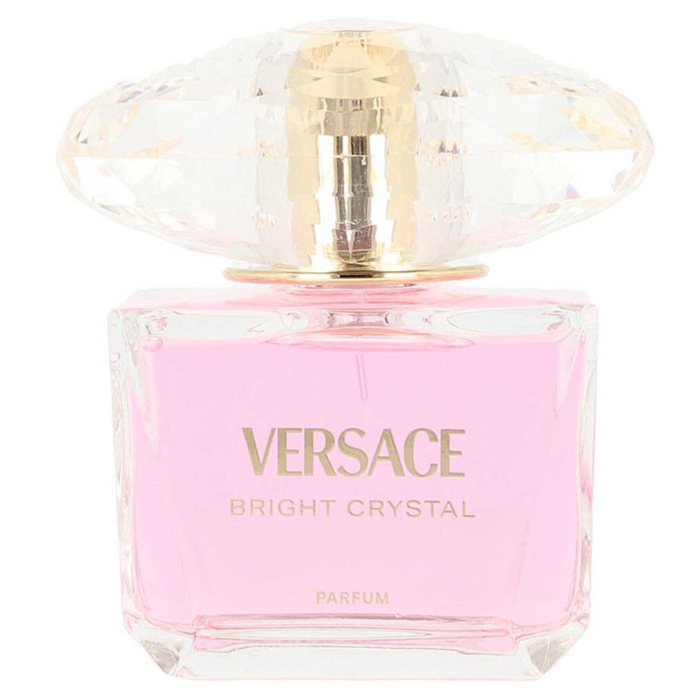 Rosa Parfumflasche mit Kristallverschluss. Aufschrift Versace Bright Crystal. Goldener Hals.
