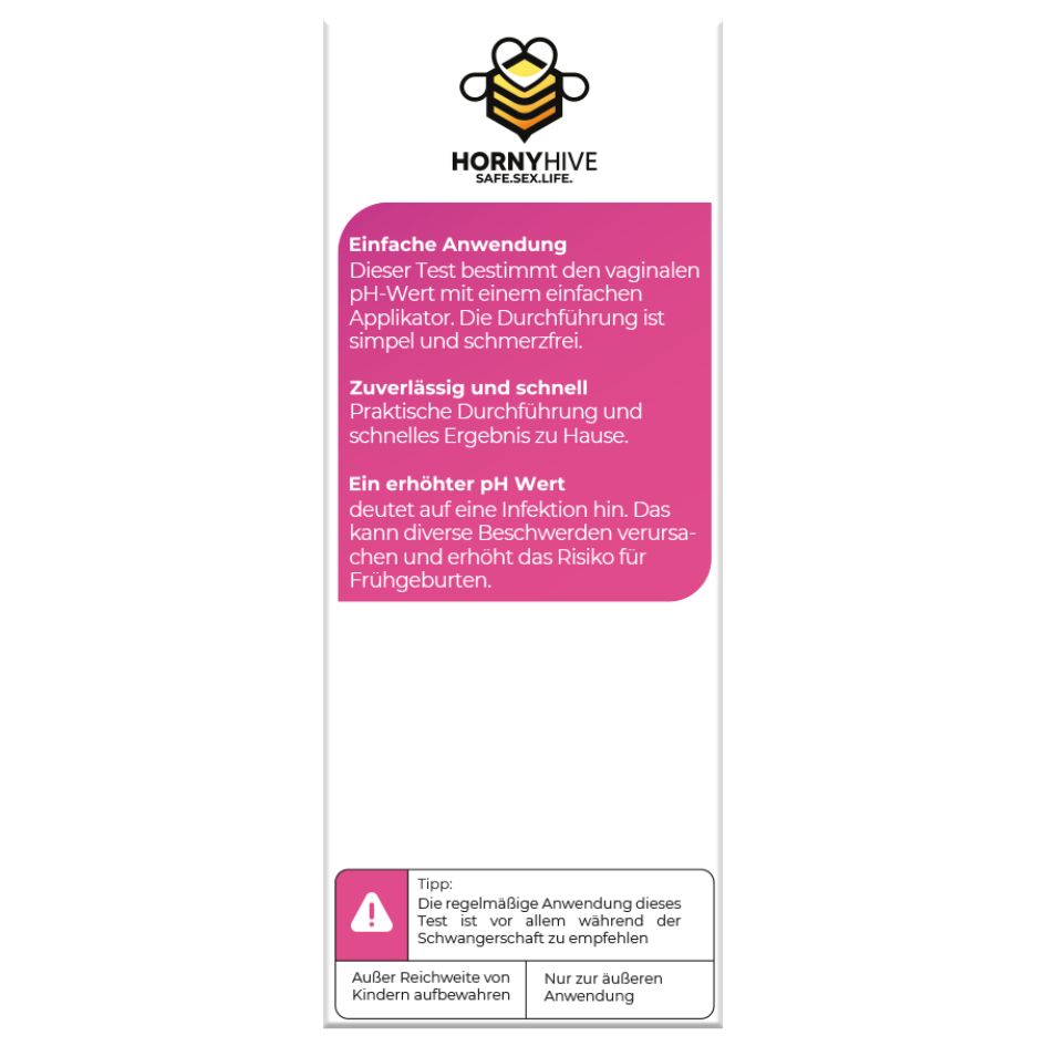Rückseite der Verpackung. Text über Anwendung, Ergebnisse und Warnhinweise. Rosa und weißes Design. "Horny Hive" Logo.