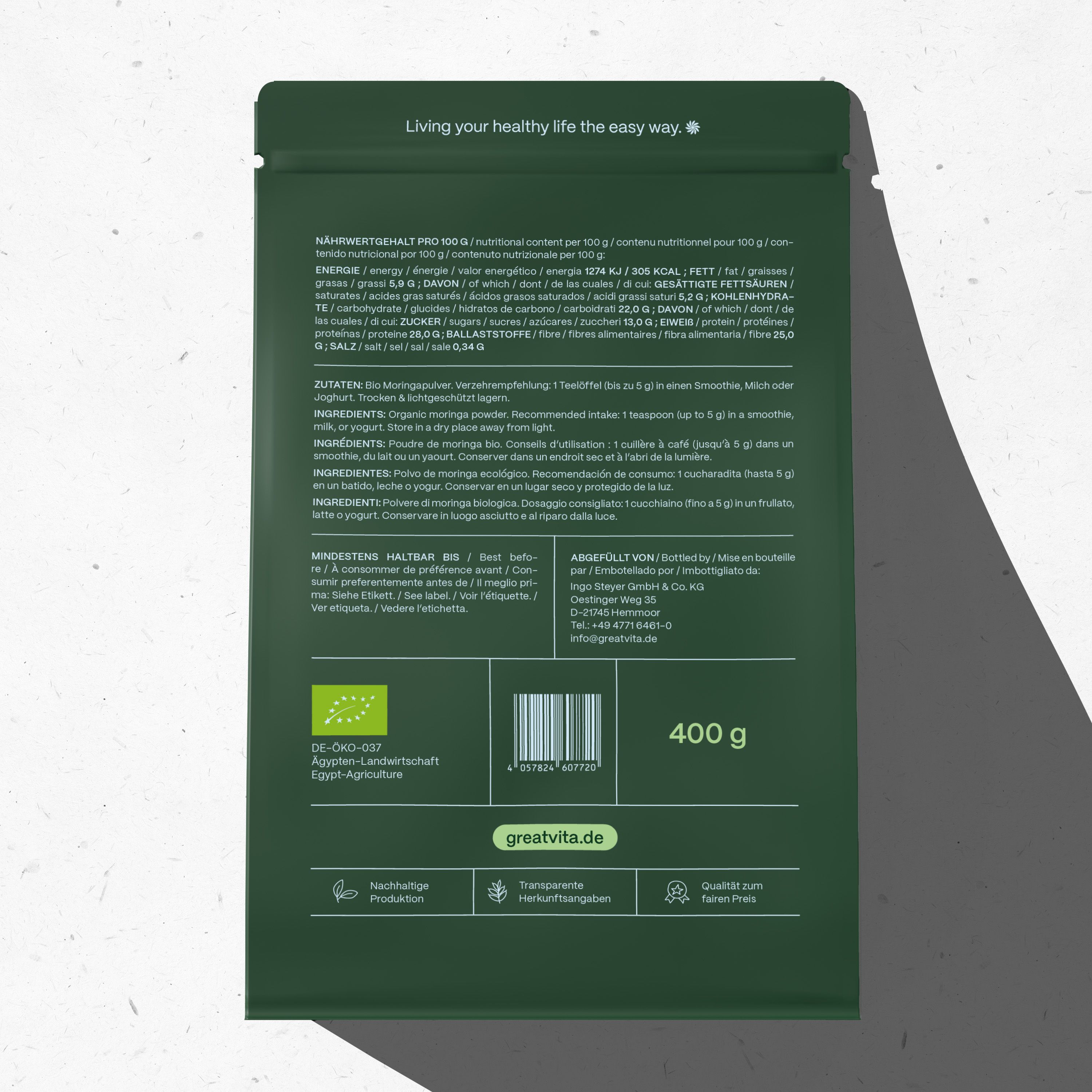 Grüner Beutel mit Text. Rückseite mit Nährwertangaben, Zutaten, Mindesthaltbarkeit, Herstelleradresse und Bio-Siegel. 400 g.