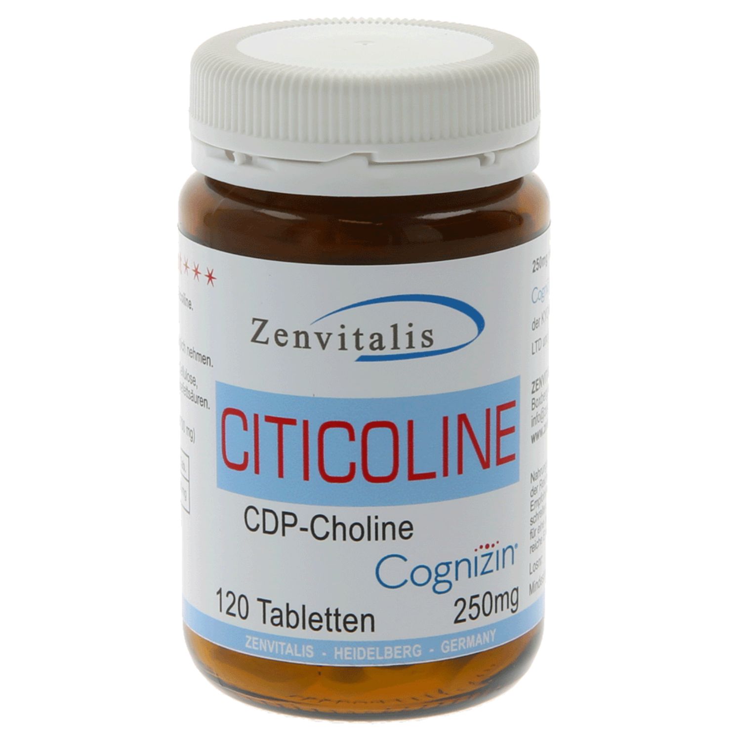 Braune Tablettenflasche mit weißem Deckel. Aufschrift: Citicoline, CDP-Cholin, 120 Tabletten, Cognizin 250mg. Zenvitalis.