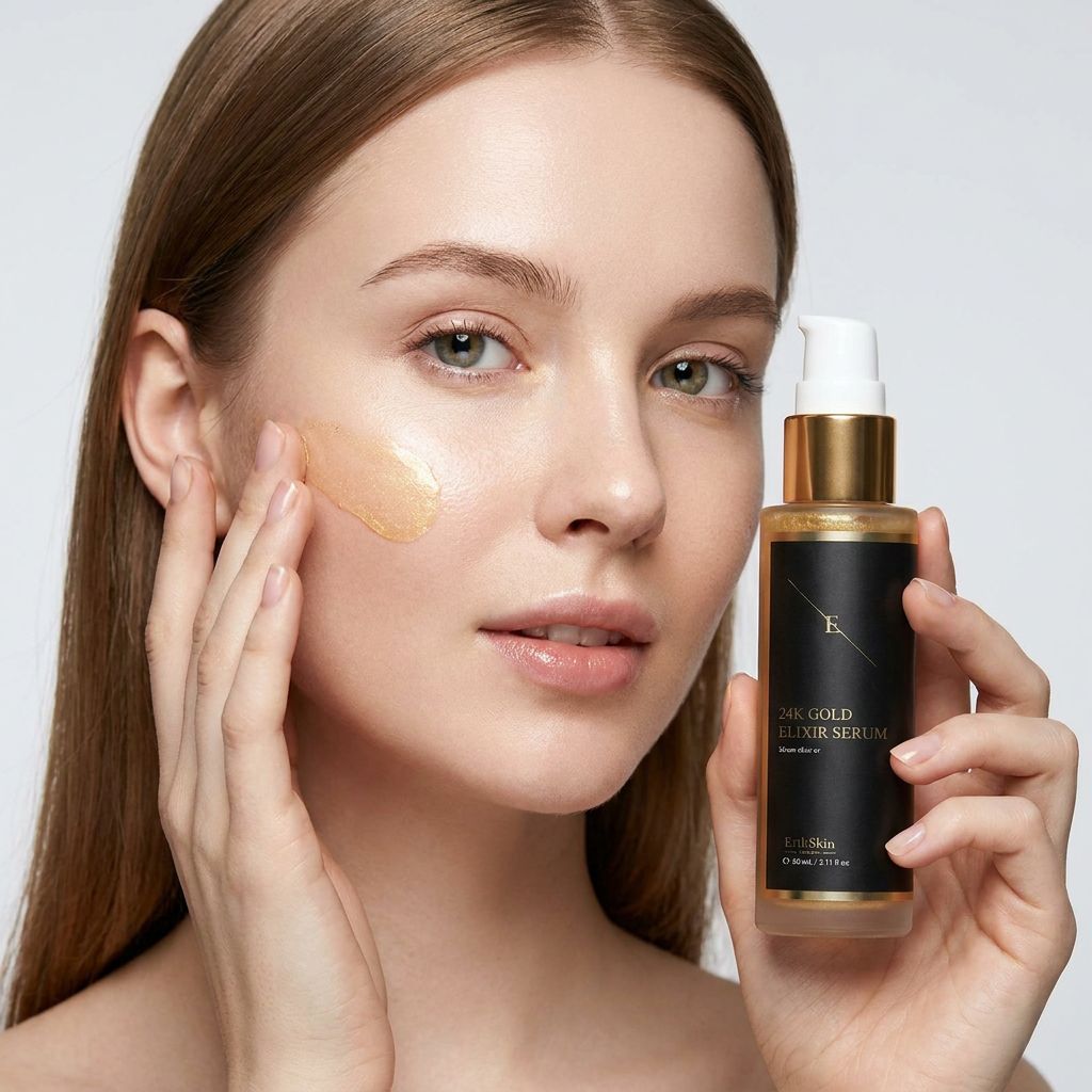 Frau trägt ErthSkin London 24K Gold Elixir Serum auf die Haut auf.