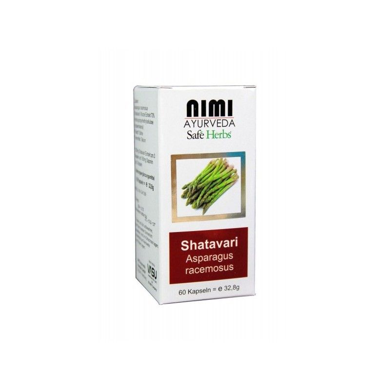Weiße Schachtel mit "Nimi Ayurveda Safe Herbs"-Logo. Abbildung von Spargel. Text: Shatavari, Asparagus racemosus. 60 Kapseln.