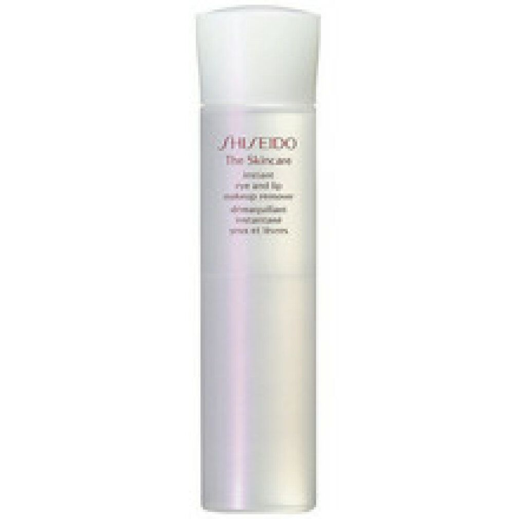 Zylindrische Flasche mit weißem Deckel. Aufschrift: Shiseido The Skincare Instant Eye and Lip makeup Remover.