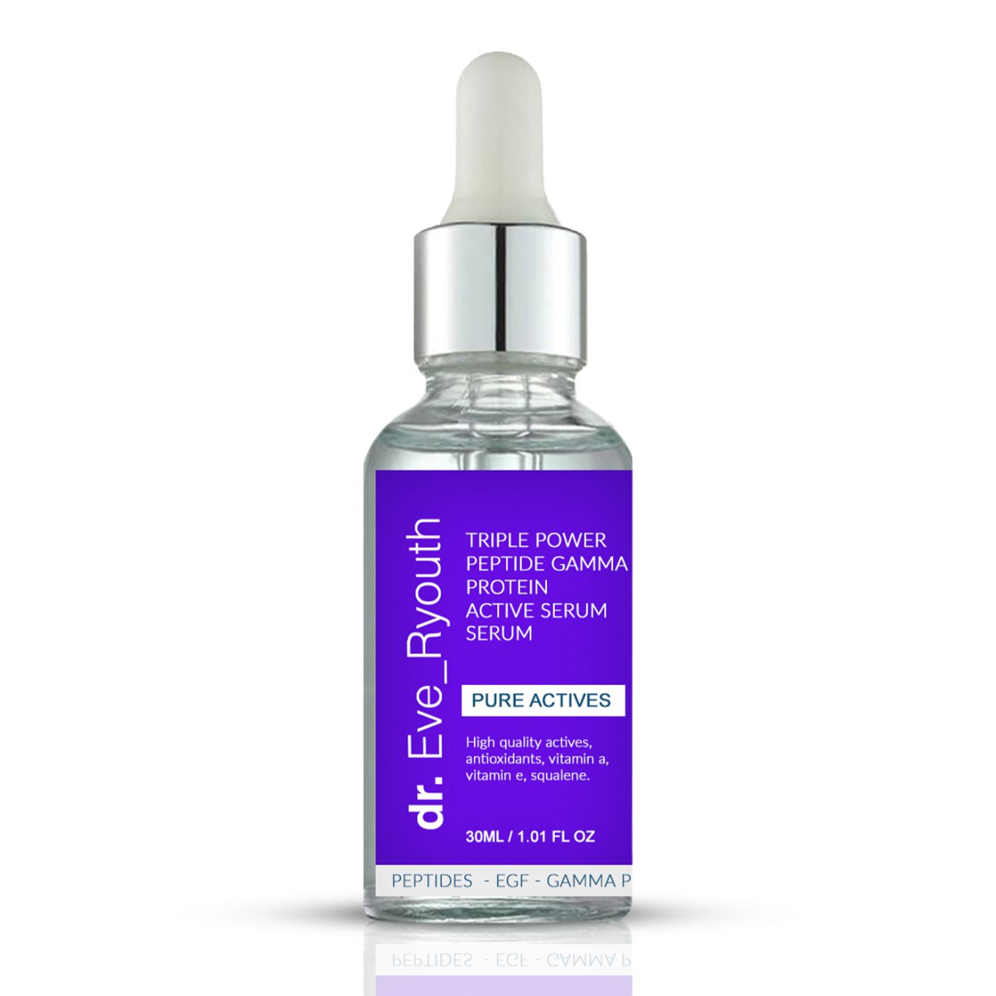 Dr. Eve Ryouth Serum: Glasflasche mit Pipette, lila Etikett mit Peptide Gamma Protein.