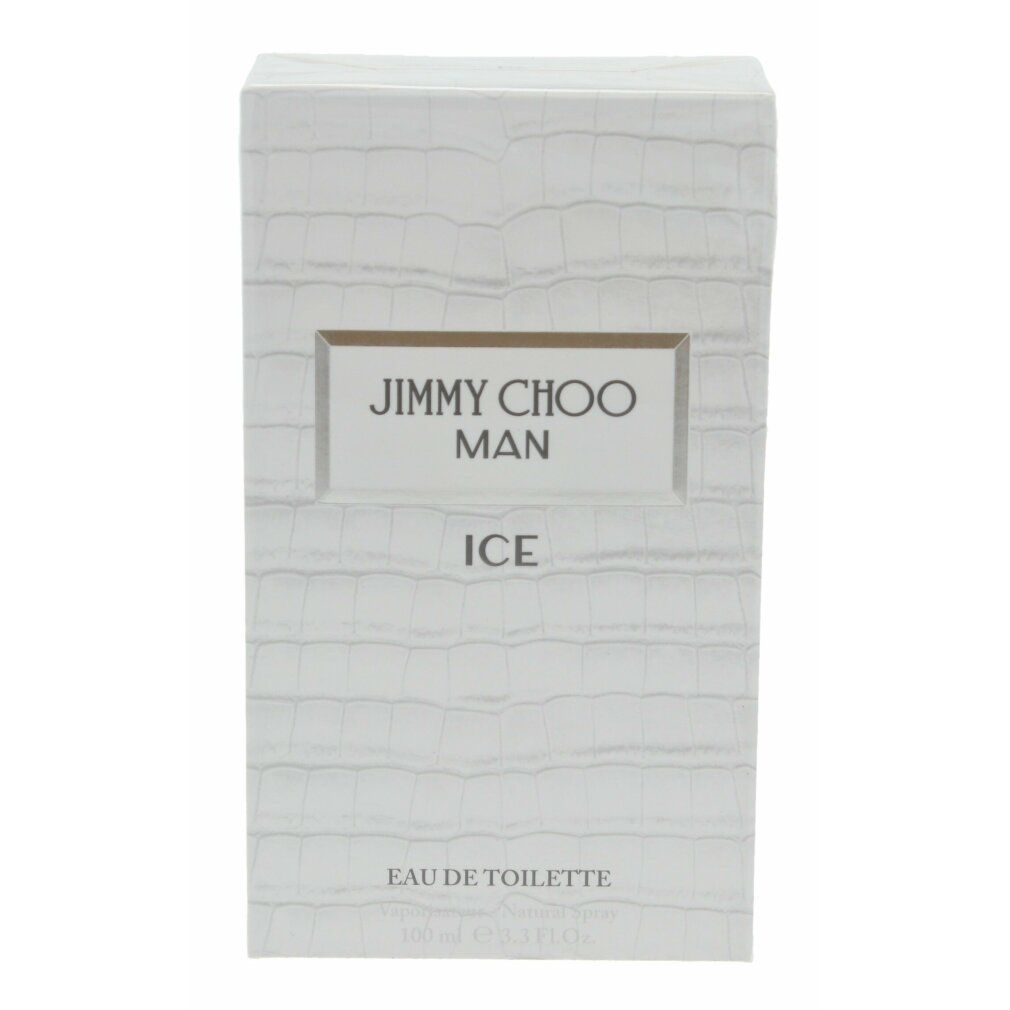 Weiße rechteckige Schachtel mit geprägter Oberfläche. Aufschrift "Jimmy Choo Man Ice Eau de Toilette".