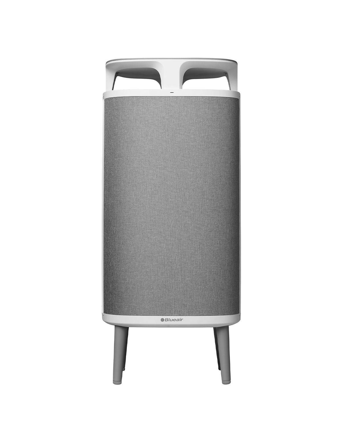Luftreiniger mit grauem Stoffbezug, weißem Rahmen und Beinen. Oben ein weißes Element.