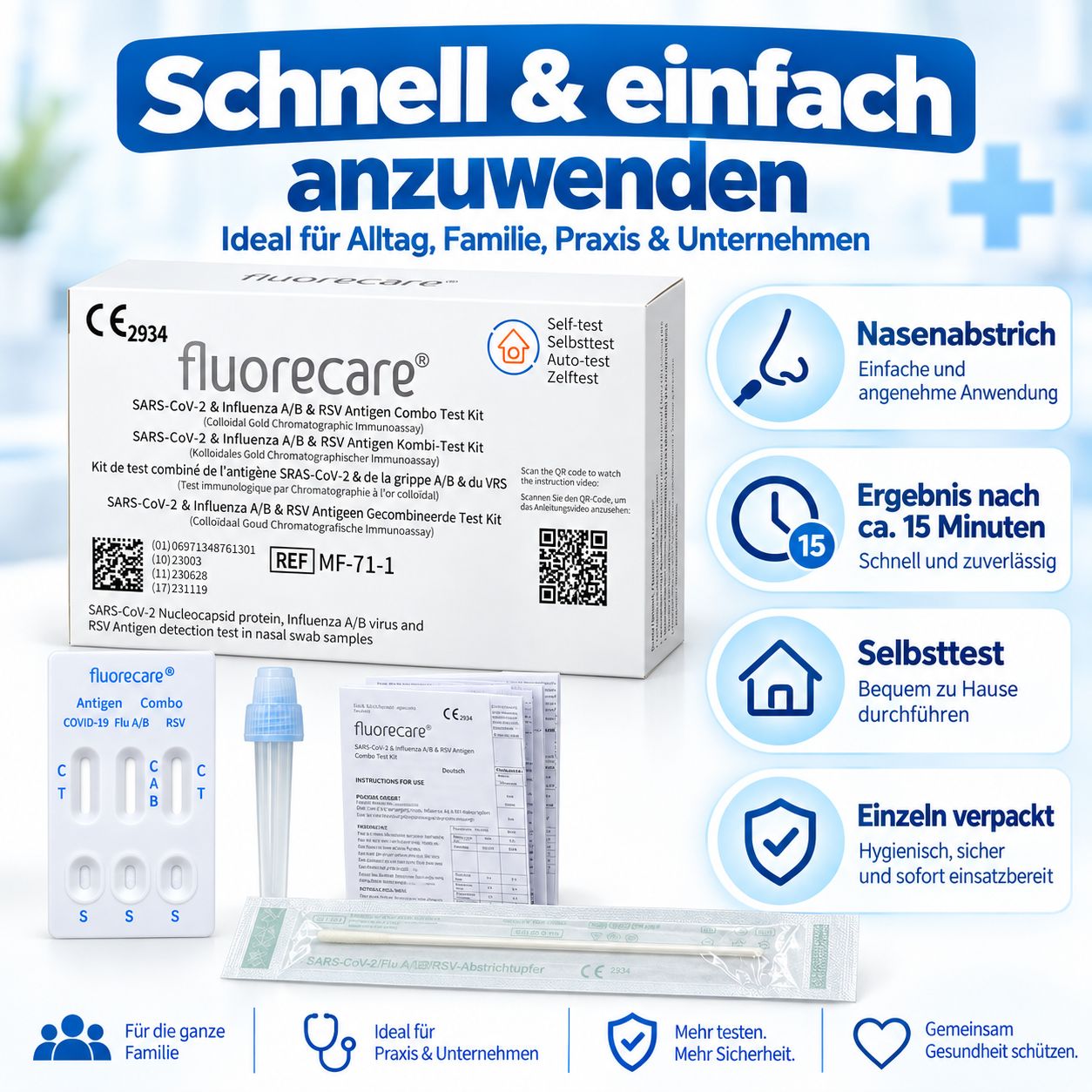 Schnell und einfach: Fluorecare Testkit, Nasenabstrich, Ergebnis in 15 Min.