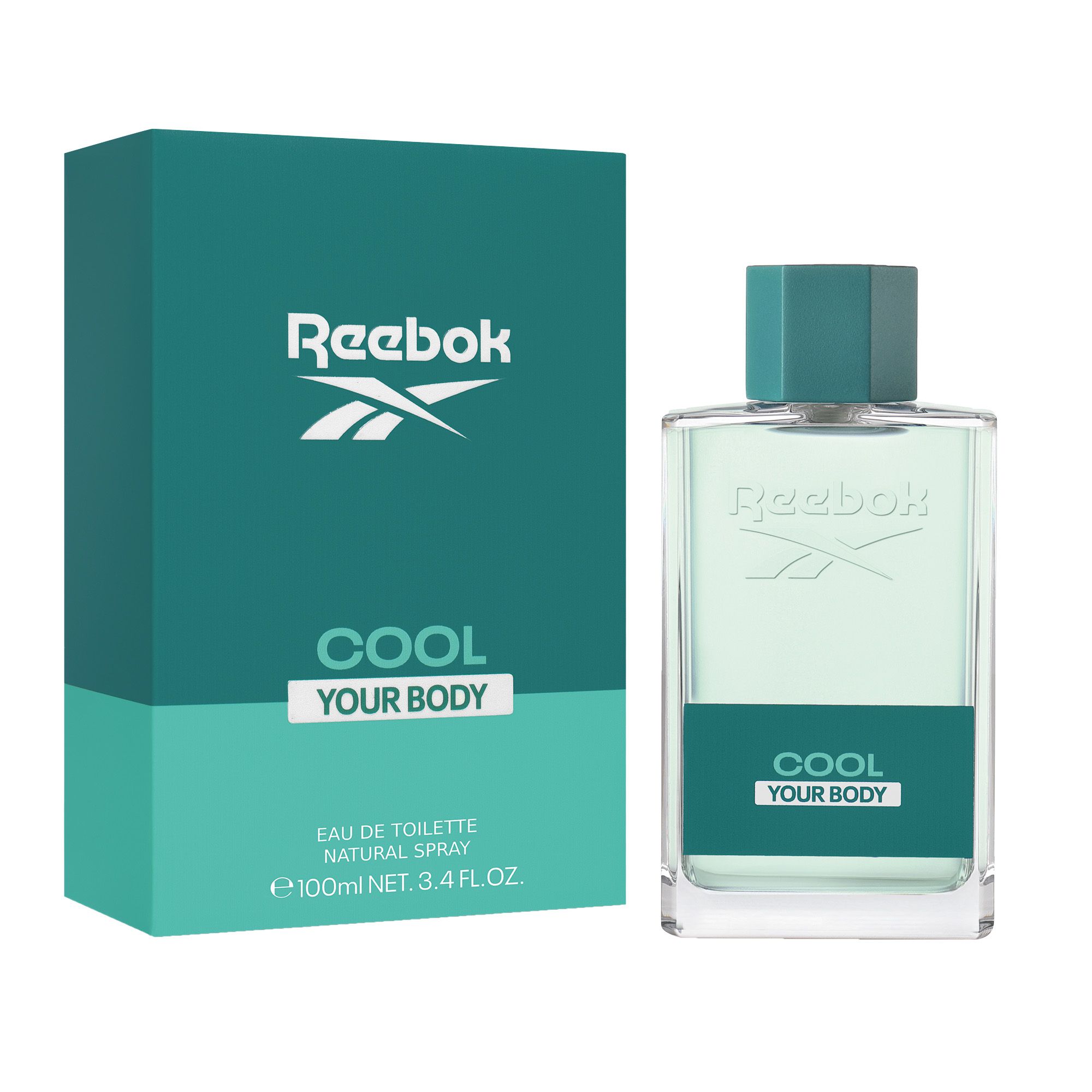 Rechteckige Flasche und Verpackung. Aufschrift Reebok und COOL YOUR BODY. Flasche mit grünem Verschluss. Verpackung grün.
