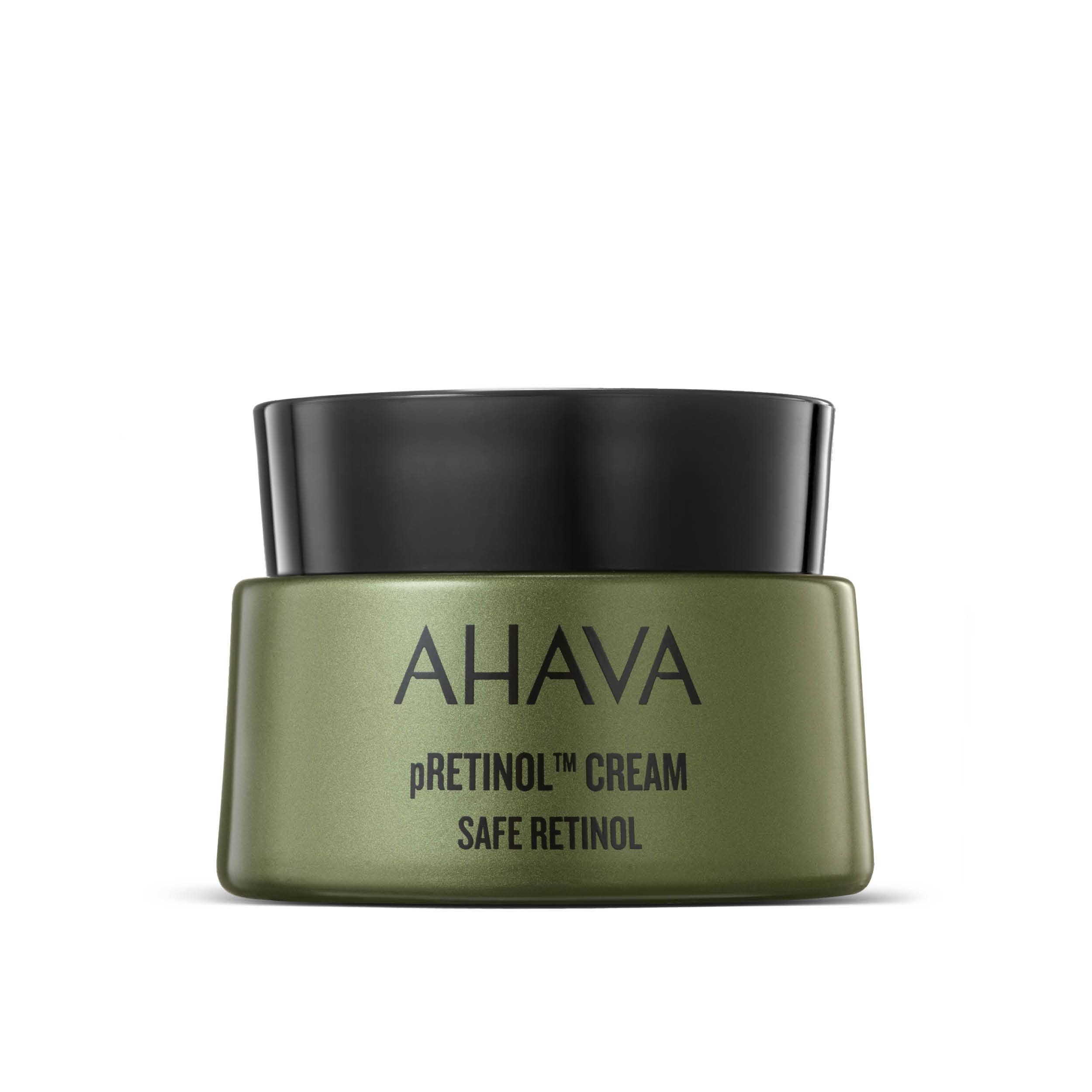 Grüne Creme-Dose mit schwarzem Deckel. Aufschrift: AHAVA pRETINOL CREAM SAFE RETINOL.