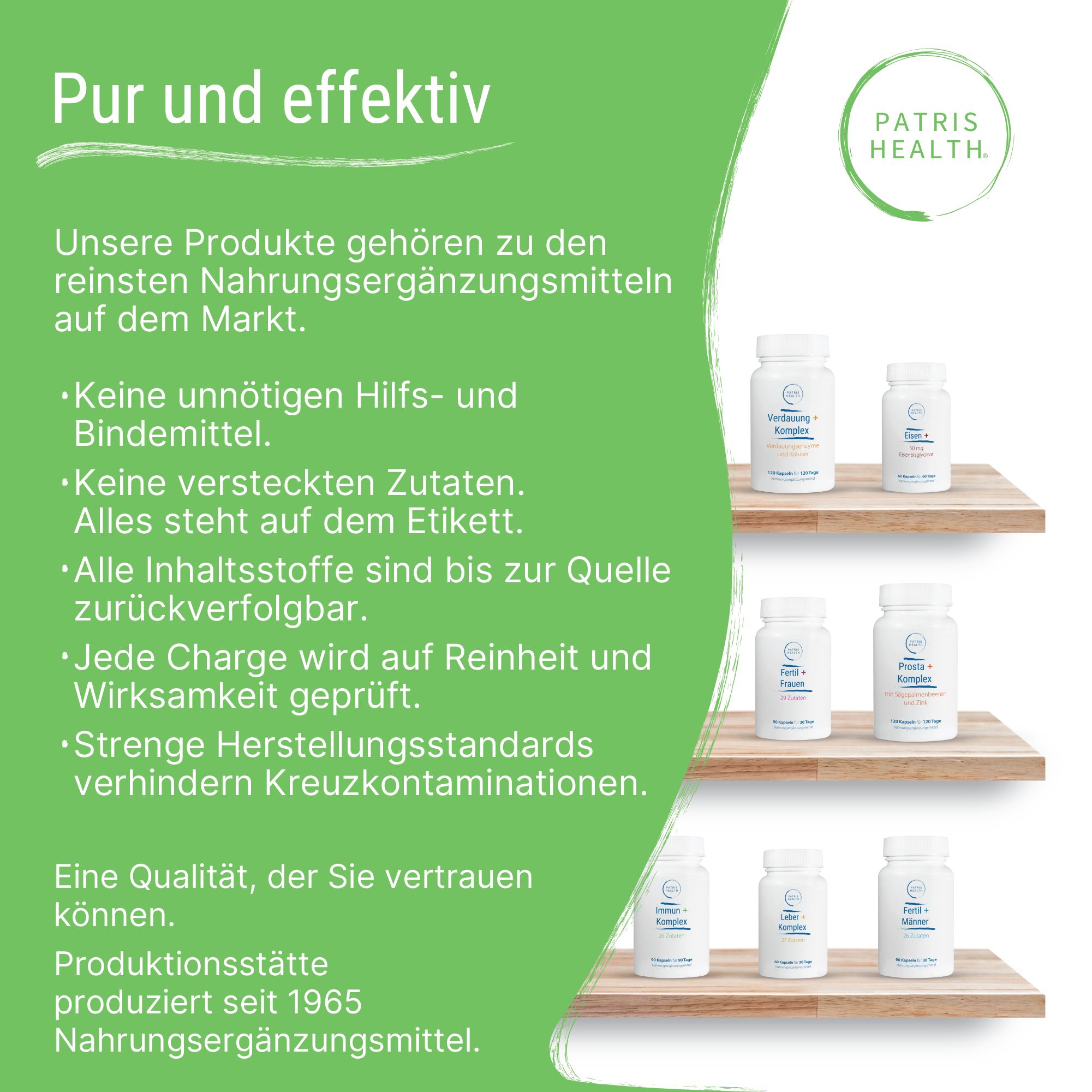 Regal mit weißen Flaschen. Aufschrift: Patris Health. Produkte sind reine Nahrungsergänzungsmittel.