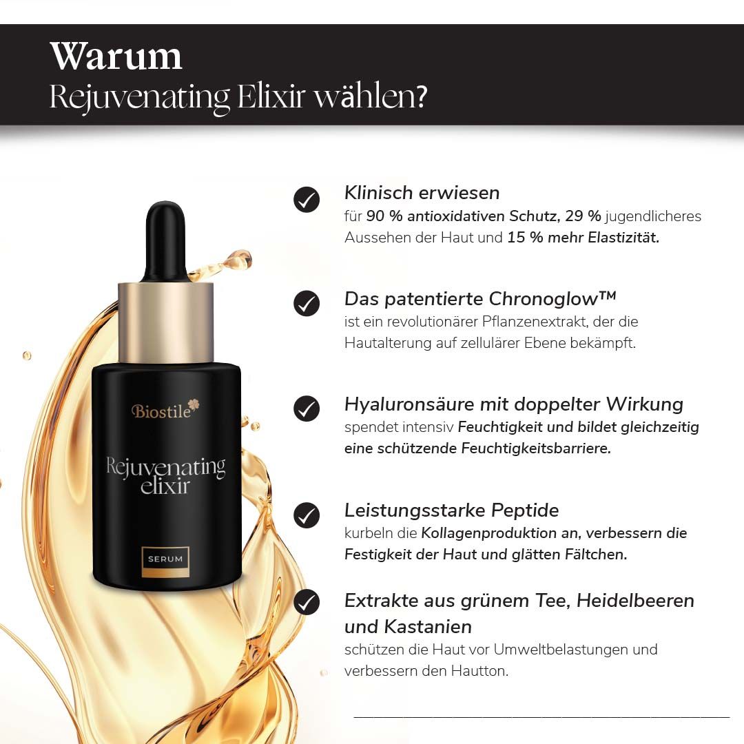 Text mit Vorteilen des Produkts. Eine Flasche des Produkts ist im Hintergrund zu sehen.