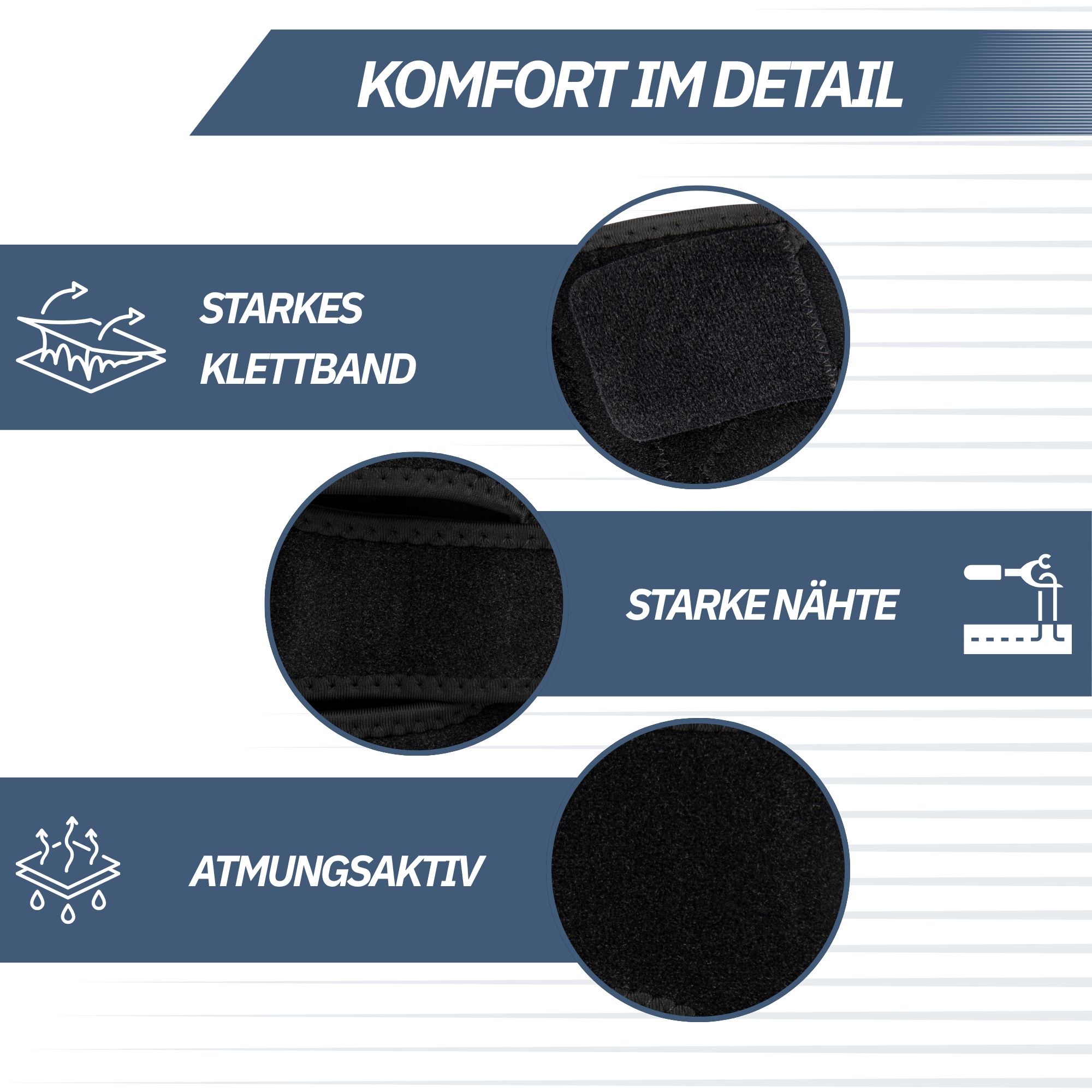 Schwarze Kniebandage mit Silikon-Patellaring, vier Stützbändern und Klettverschluss.