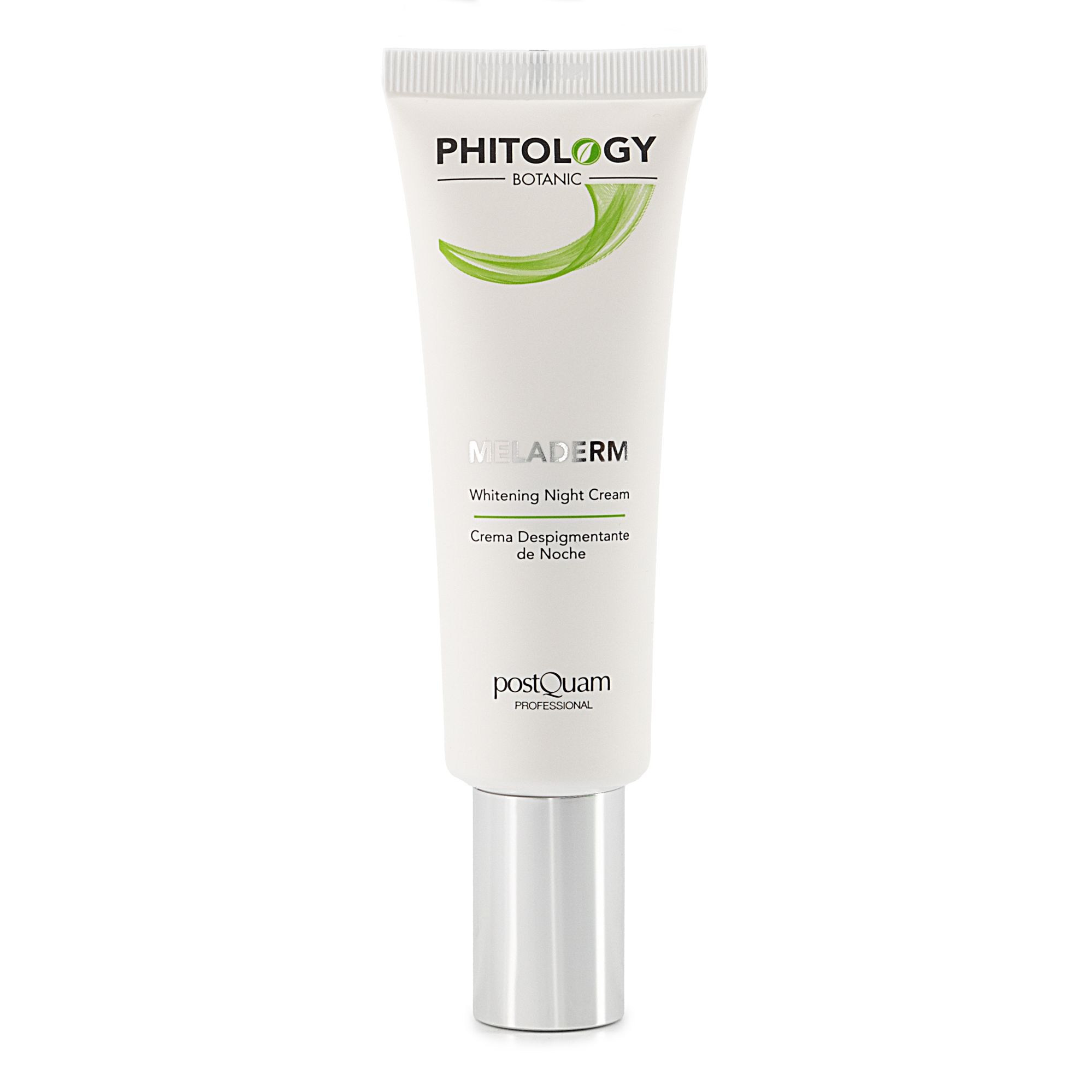 Weiße Tube mit silbernem Deckel. Aufschrift: PHITOLOGY BOTANIC, MELADERM, Whitening Night Cream, postQuam PROFESSIONAL.