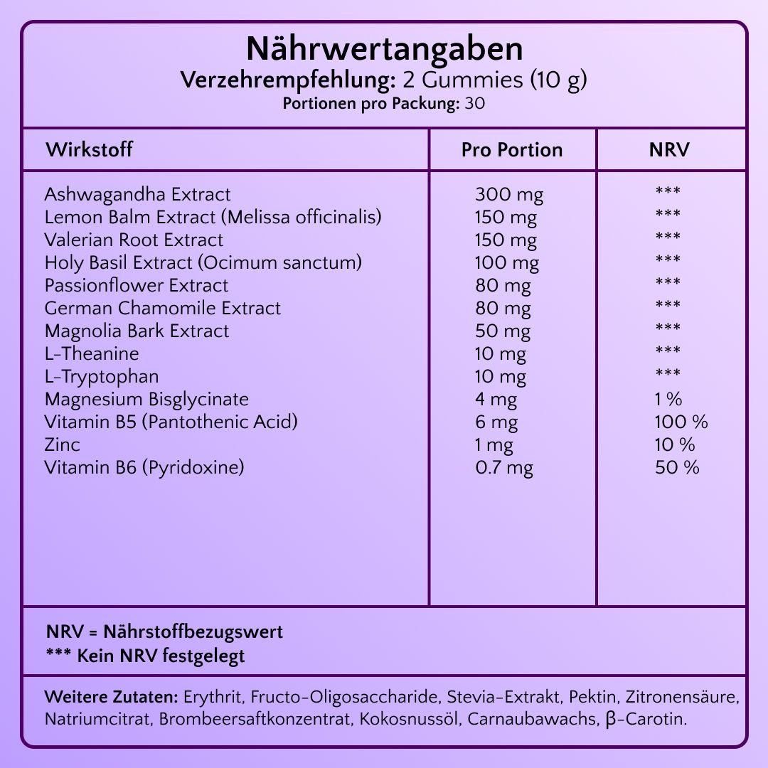 Nährwertangaben für Forte Natura Schlaf Forte Gummies: Wirkstoffe, Mengen pro Portion und NRV.