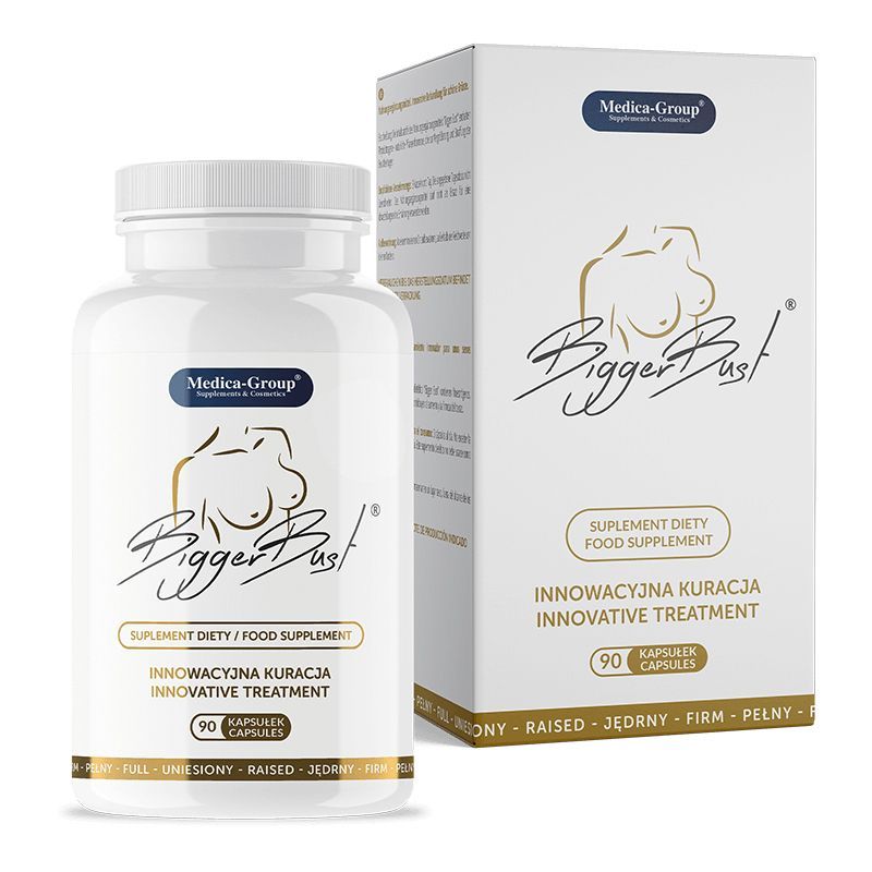 Weiße Flasche und Schachtel mit Kapseln. Aufschrift: BiggerBust, Medica-Group, 90 Kapseln. Goldfarbene Grafik.