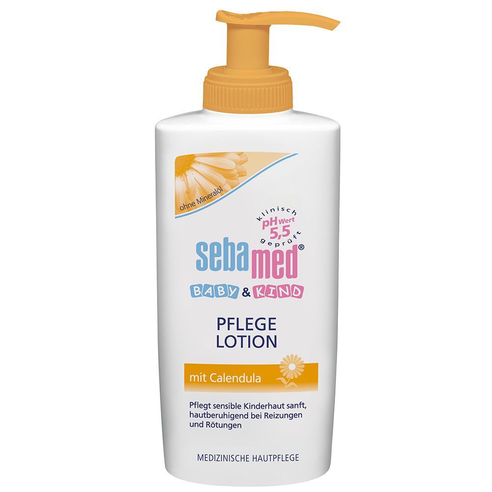 Weiße Flasche mit gelbem Pumpkopf. Aufschrift: sebamed BABY & KIND PFLEGE LOTION. Mit Calendula. Klinisch getestet pH 5,5.