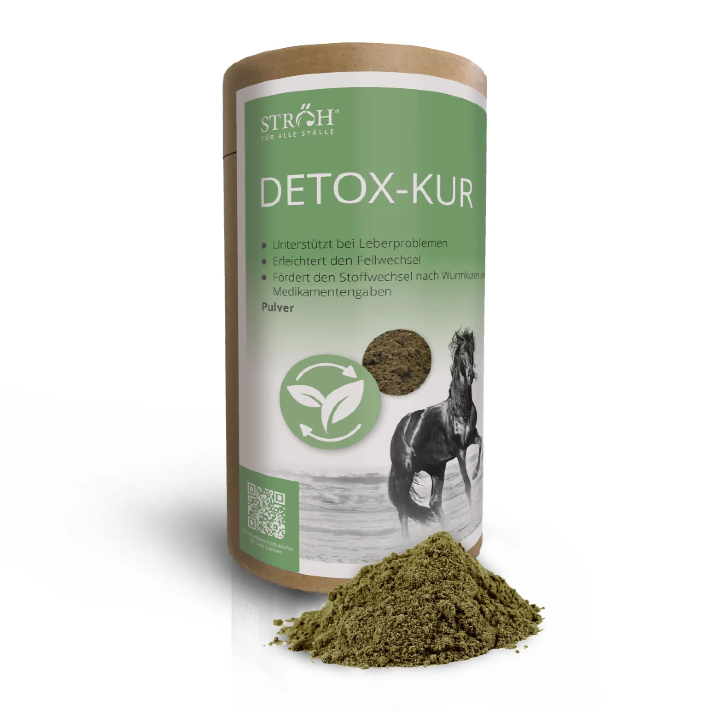 Zylindrische Dose mit grünem Etikett, Text: DETOX-KUR, Pulver. Daneben Pulverhaufen. Logo mit Pferd. Marke: STRÖH.