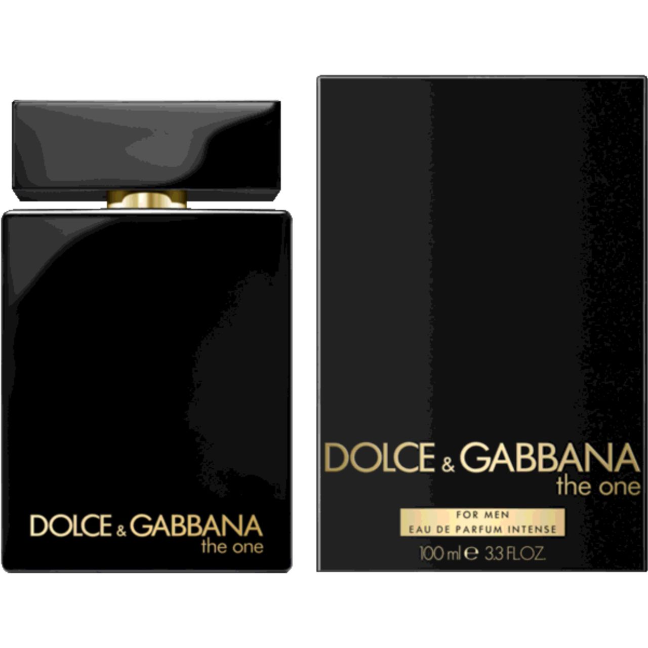 Schwarzer Flakon und Verpackung. Goldfarbene Schrift: Dolce & Gabbana, the one. Auf der Verpackung: For Men, Eau de Parfum Intense.