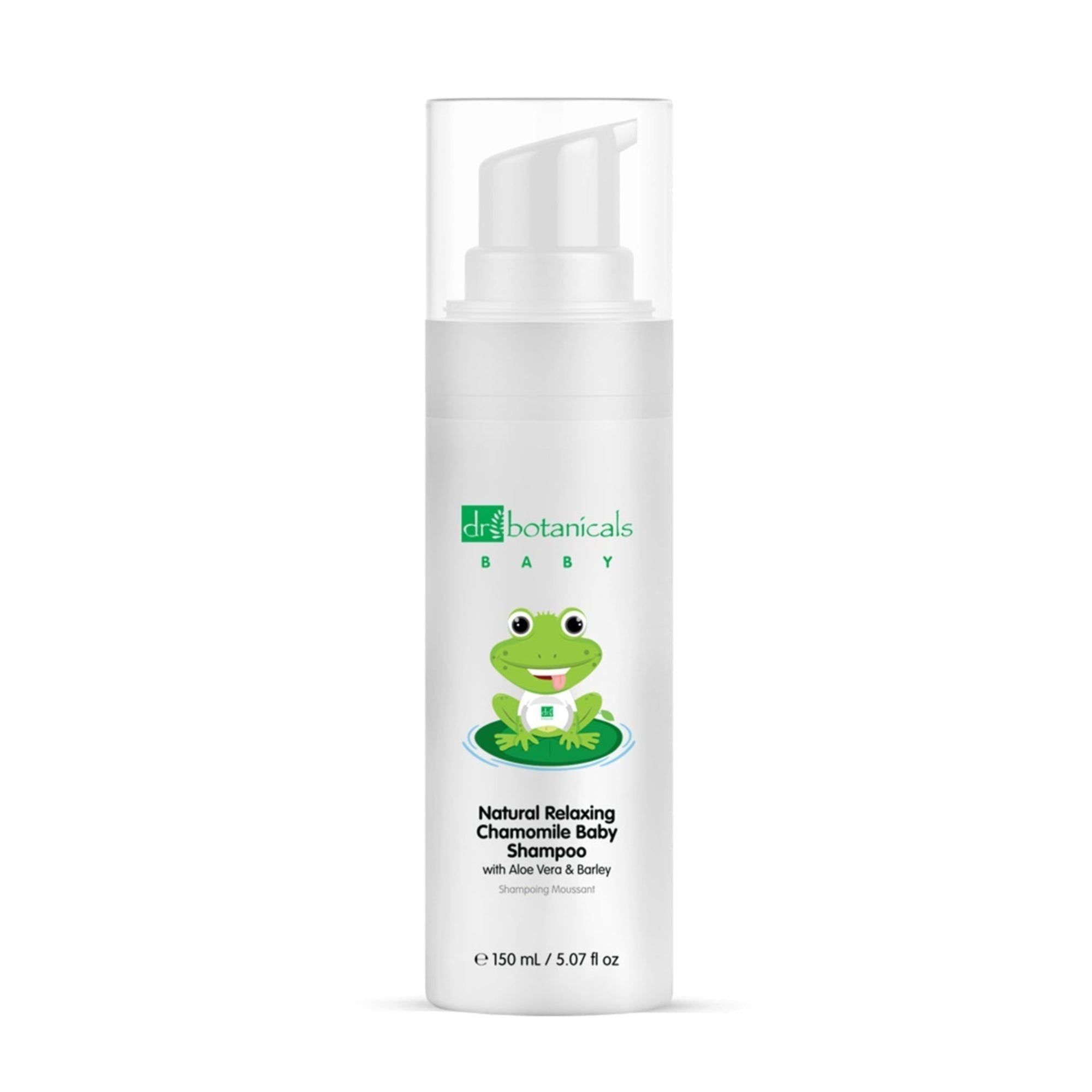 Weiße Flasche mit Pumpverschluss. Grün-weiße Etikett mit Frosch-Illustration und Produktbezeichnung.