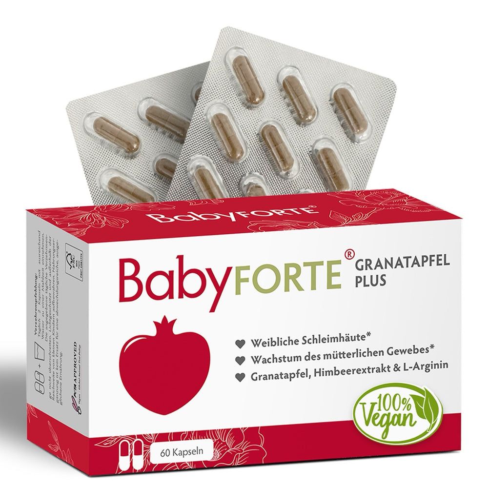 BabyFORTE Granatapfel Plus für Schleimhäute | vegan Extrakt, Folsäure & L-Arginin 60 St Kapseln
