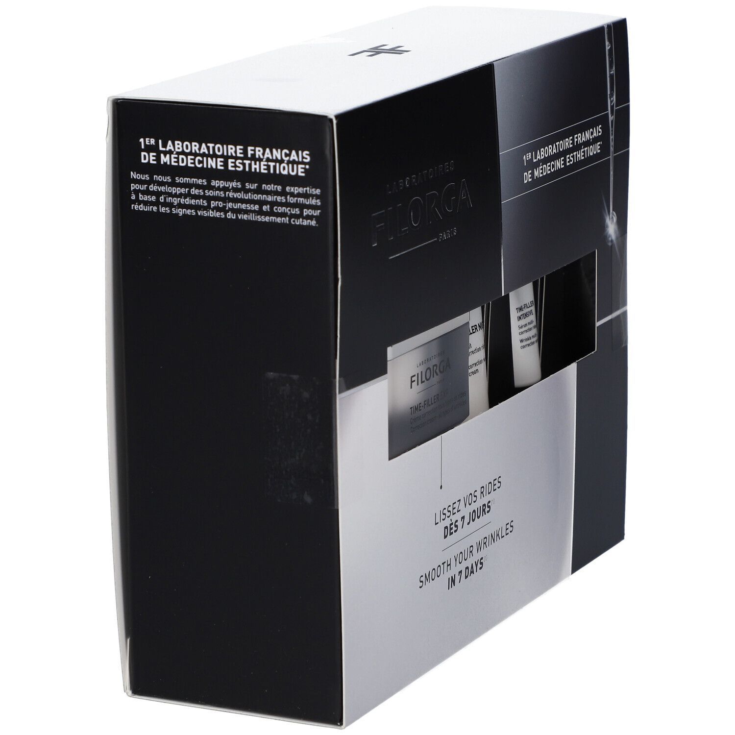 Coffret cosmétique noir et blanc. Texte visible : "1er Laboratoire Francais de Medecine Esthetique" et "Lissez vos rides dès 7 jours".