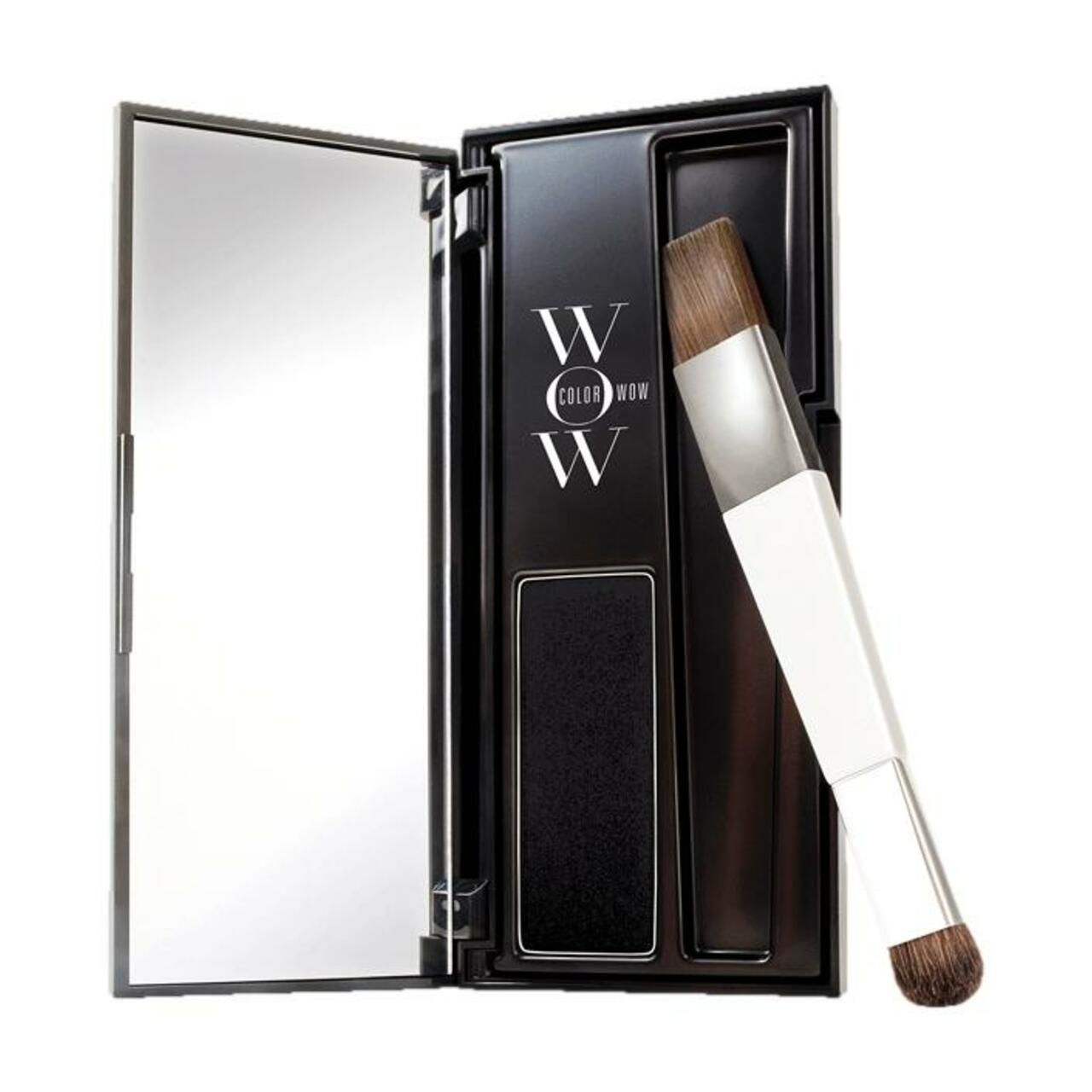 Schwarzes Color Wow Root Cover Up-Etui mit Spiegel und Pinsel. Enthält Produkt und Applikator. Offene Ansicht.