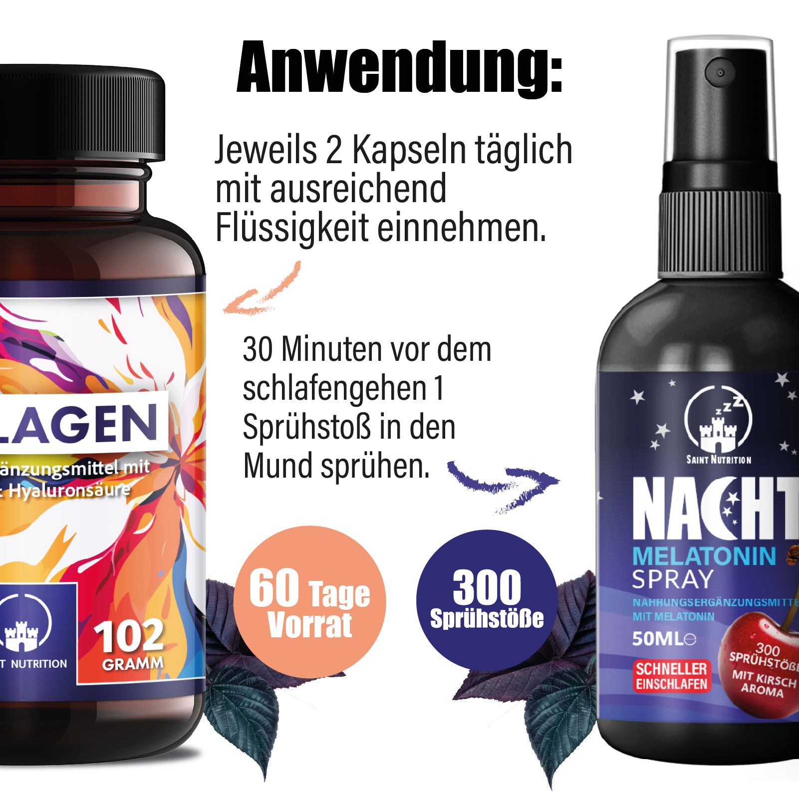Anwendung: Kapseln und Spray. Kapseln mit Kollagen. Spray mit Melatonin. 60 Tage Vorrat, 300 Sprühstöße. Saint Nutrition®.