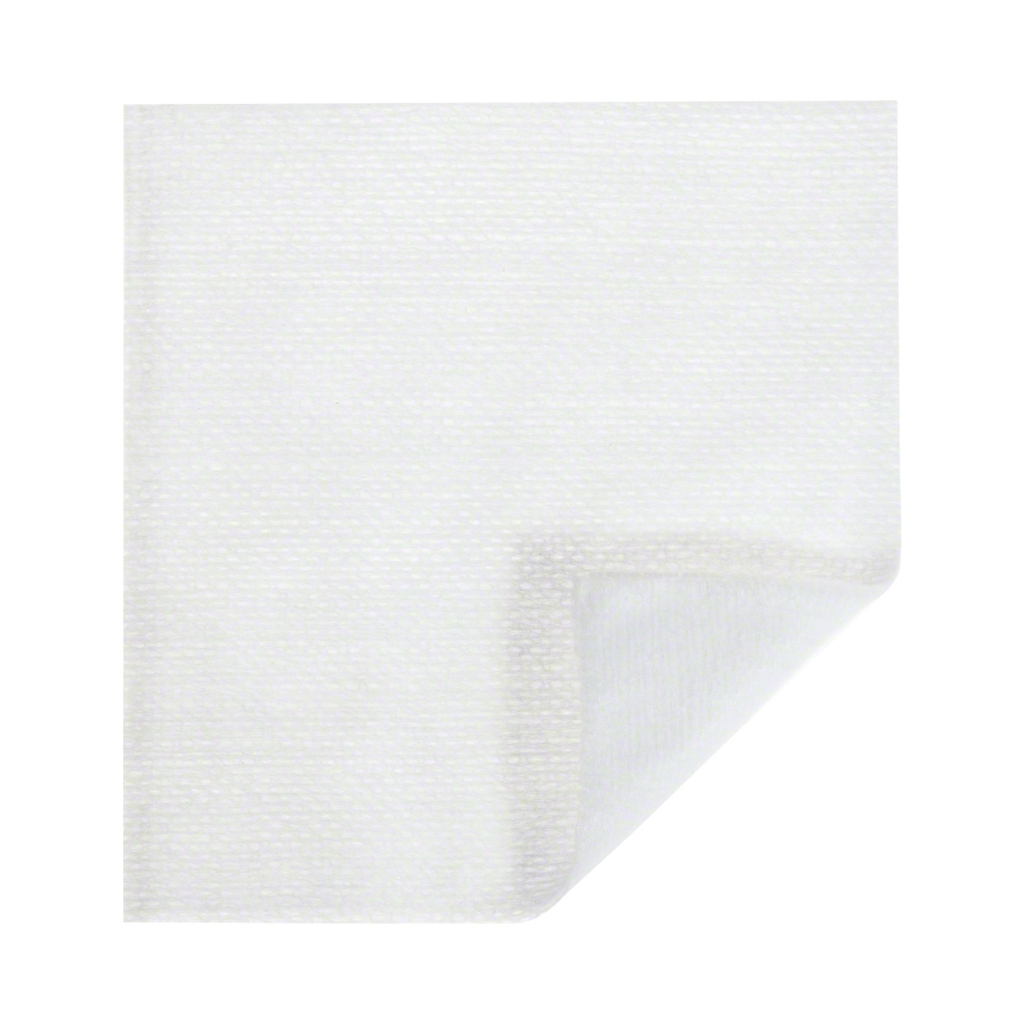 Weiße Kompresse, rechteckig, mit abgerundeter Ecke, die umgeschlagen ist. Die Oberfläche hat eine feine, gewebte Textur.