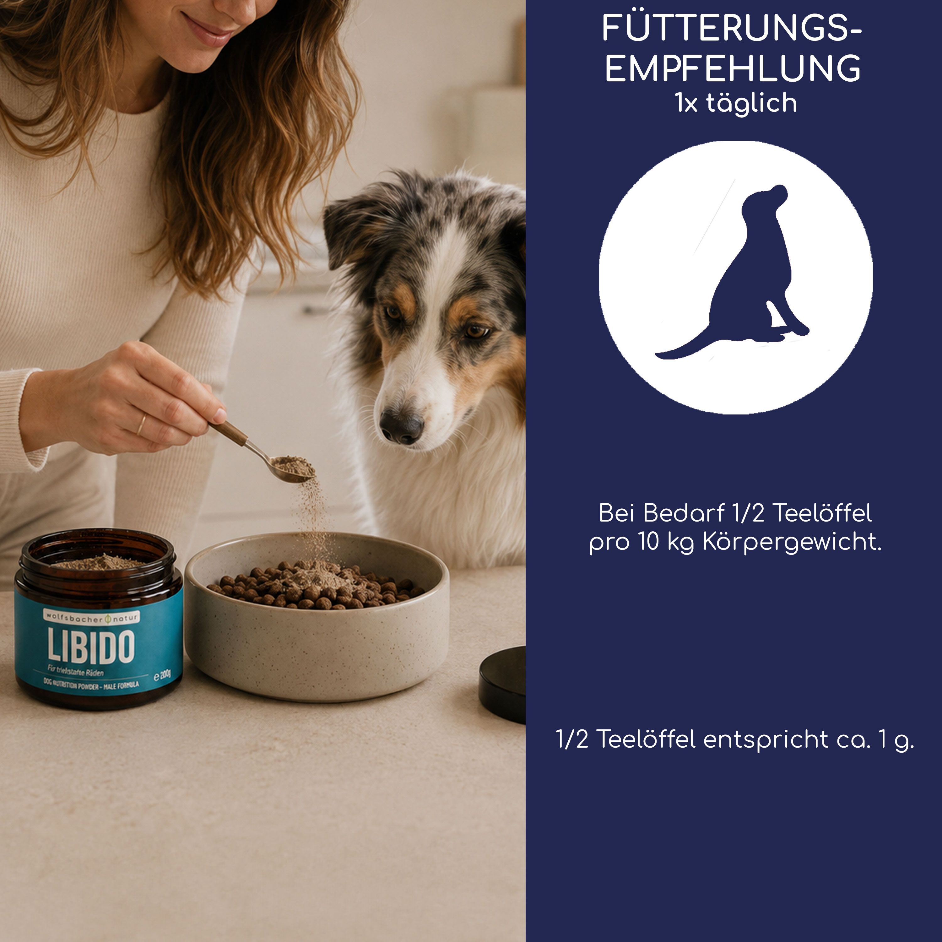 Frau gibt Hund Futter aus einem Behälter in einen Napf. Fütterungsempfehlung: 1x täglich.