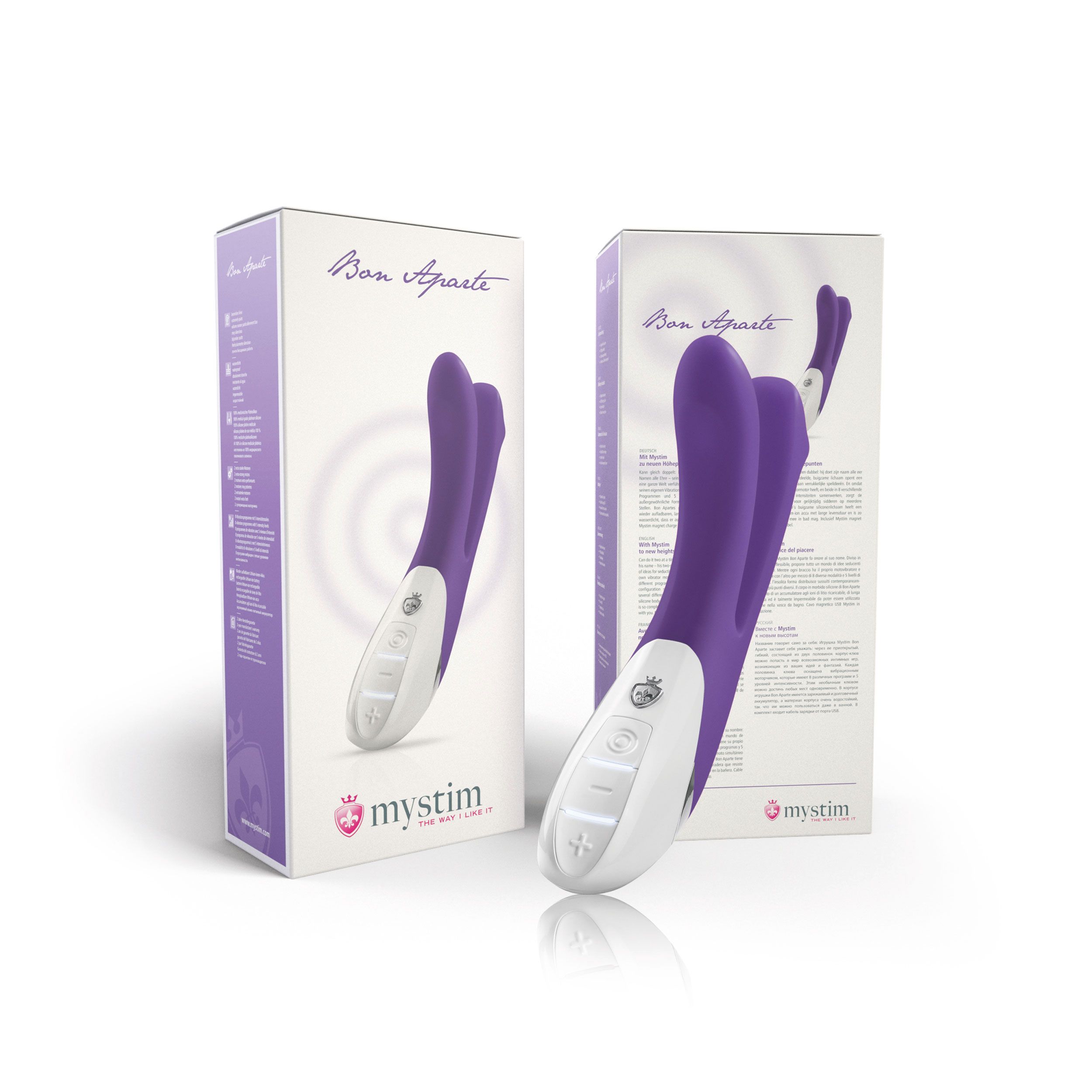 Zwei Produktverpackungen. Lila Vibrator abgebildet. Marke Mystim. Text: Bon Aparte.