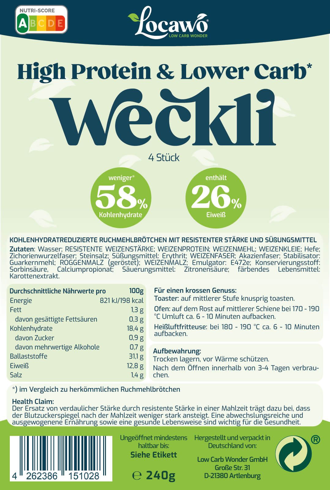 Etikett mit Nährwertangaben und Zutatenliste. Aufschrift: High Protein & Lower Carb Weckli. 4 Stück. Grün-weißes Design.