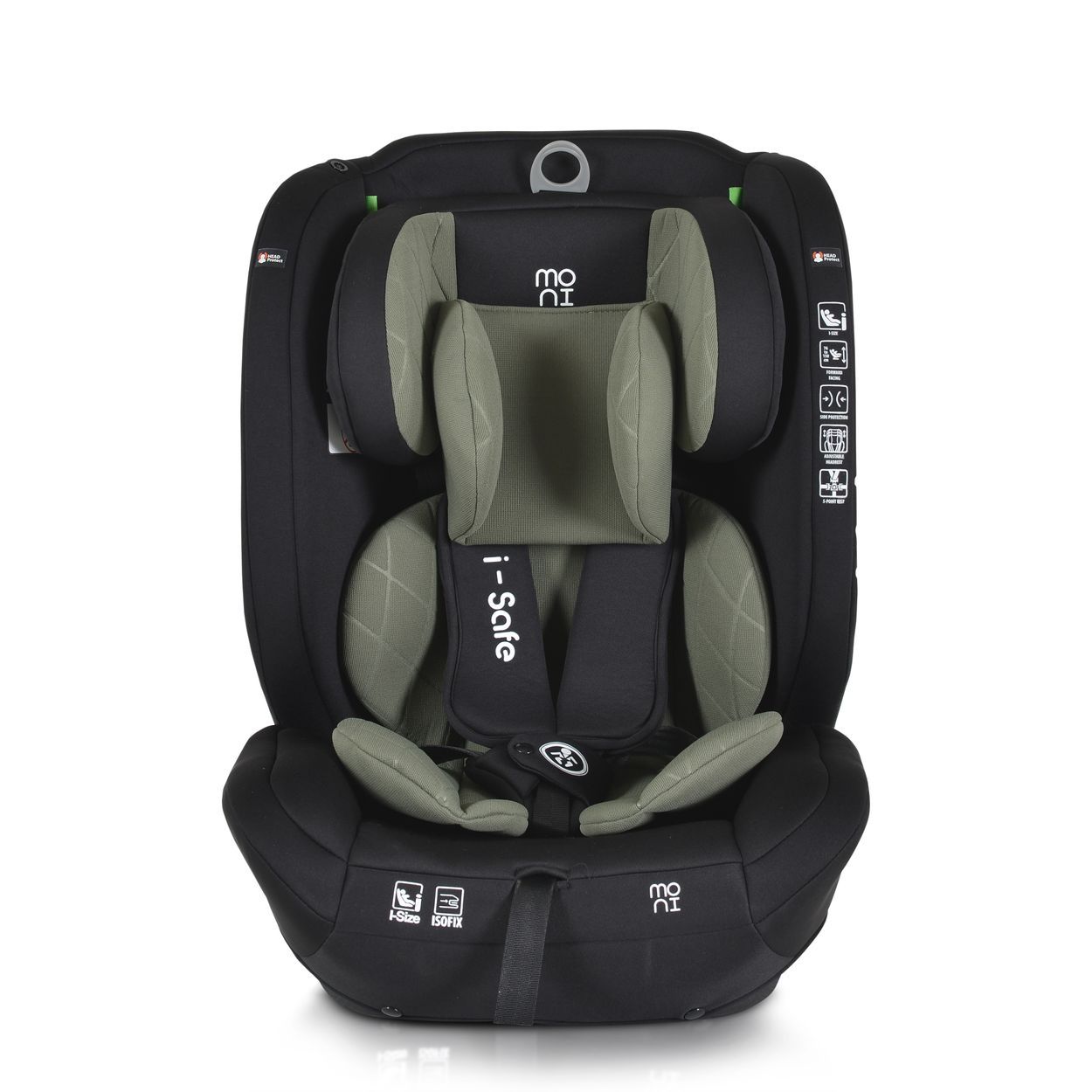 Schwarzer Kindersitz mit verstellbarer Kopfstütze, "i-Safe" Schriftzug und grünen Akzenten.