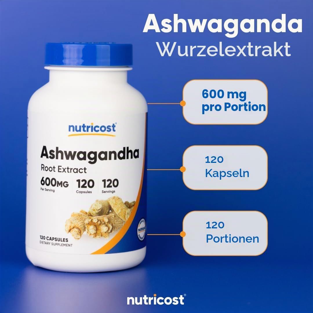 Nutricost Ashwagandha Kapseln: 120 Kapseln, 600mg pro Portion. Enthält Ashwagandha Wurzel Extrakt.