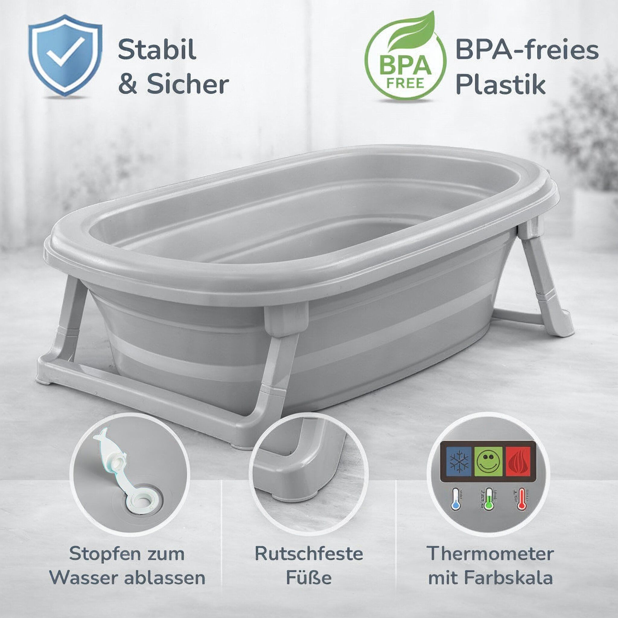 Faltbare Babybadewanne - Klappbare Baby Wanne mit integriertem Thermometer und Abfluss