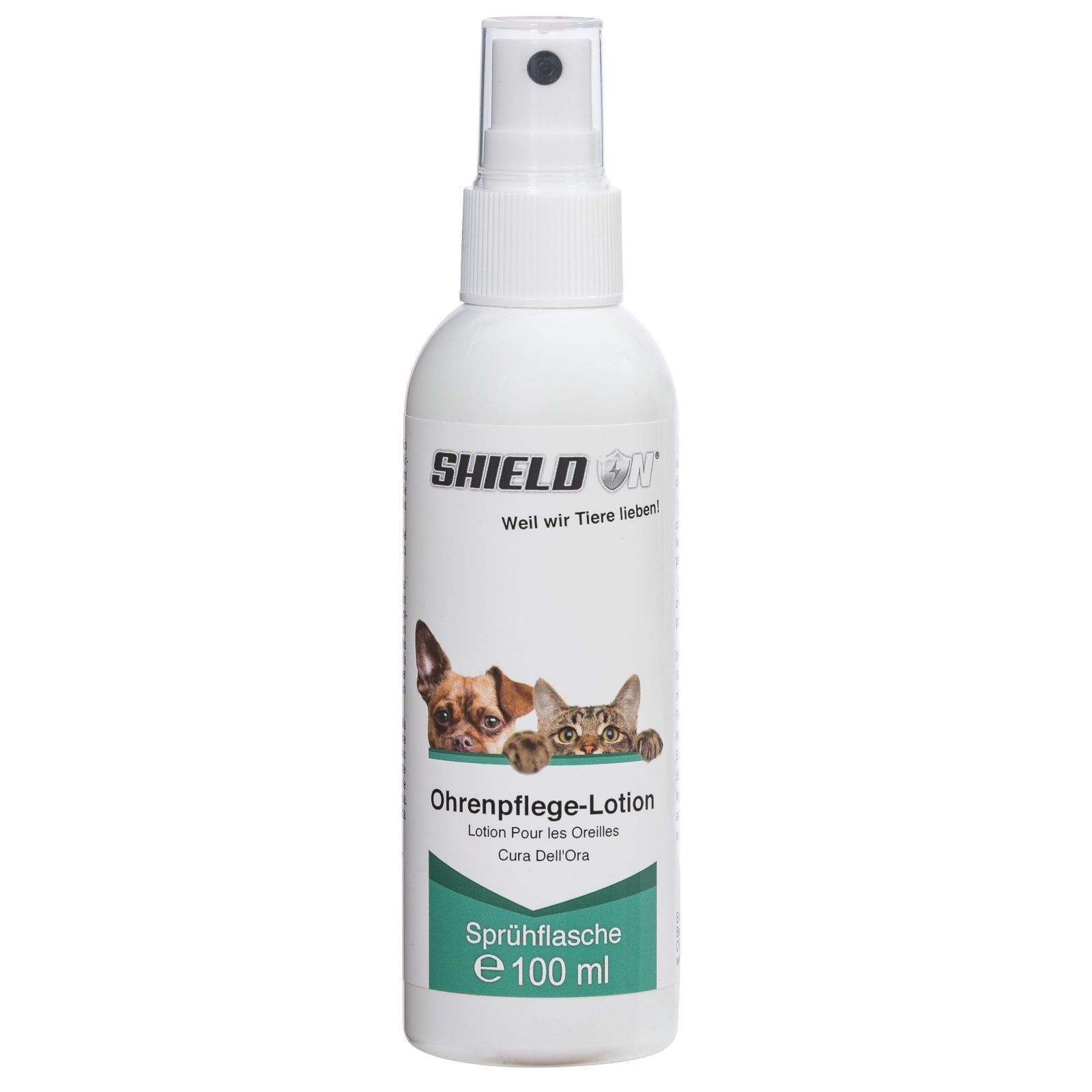Weiße Sprühflasche mit Produktbezeichnung und Abbildungen von Hund und Katze. Text: Ohrenpflege-Lotion, 100 ml.