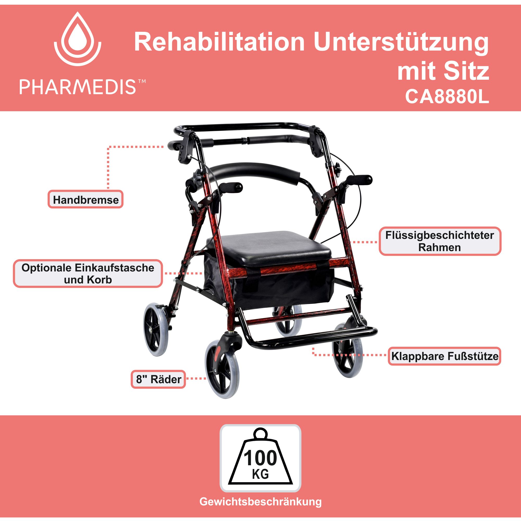 Rehabilitations-Rollator mit Sitz und Tasche Pharmedis