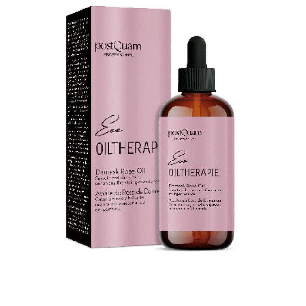 Braune Glasflasche mit Tropfer und rosa Etikett. Daneben eine rosa Verpackung mit Text. Produktname: Damaszener-Rosenöl.