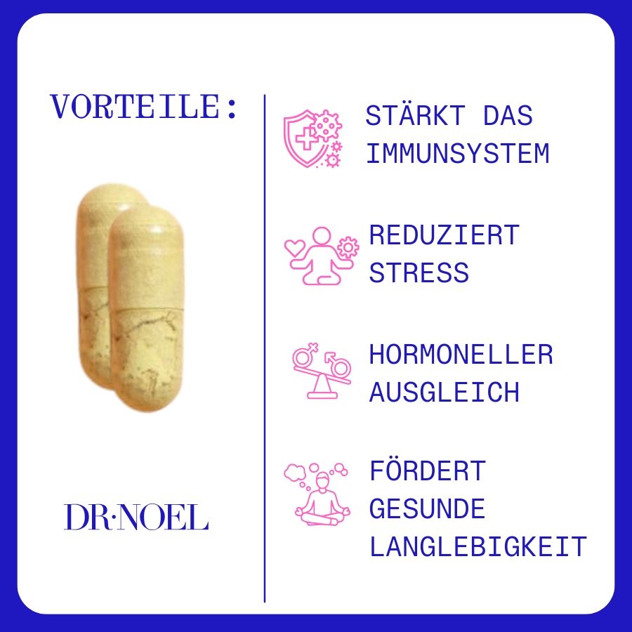 Zwei gelbe Kapseln. Vorteile: Immunsystem stärken, Stress reduzieren, hormoneller Ausgleich, fördert Langlebigkeit. Dr. Noel Logo.