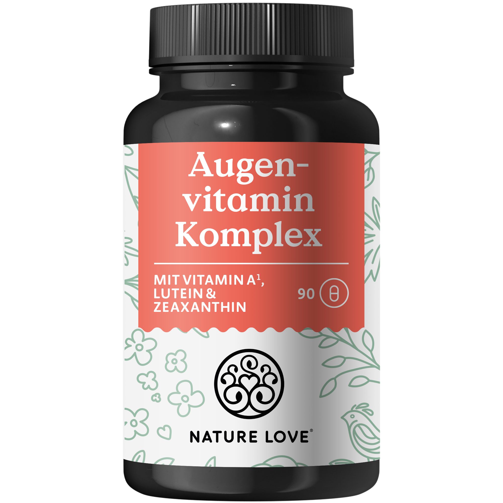 Schwarze Flasche mit "Augenvitamin Komplex"-Etikett. Enthält 90 Kapseln. Marke: NATURE LOVE®.