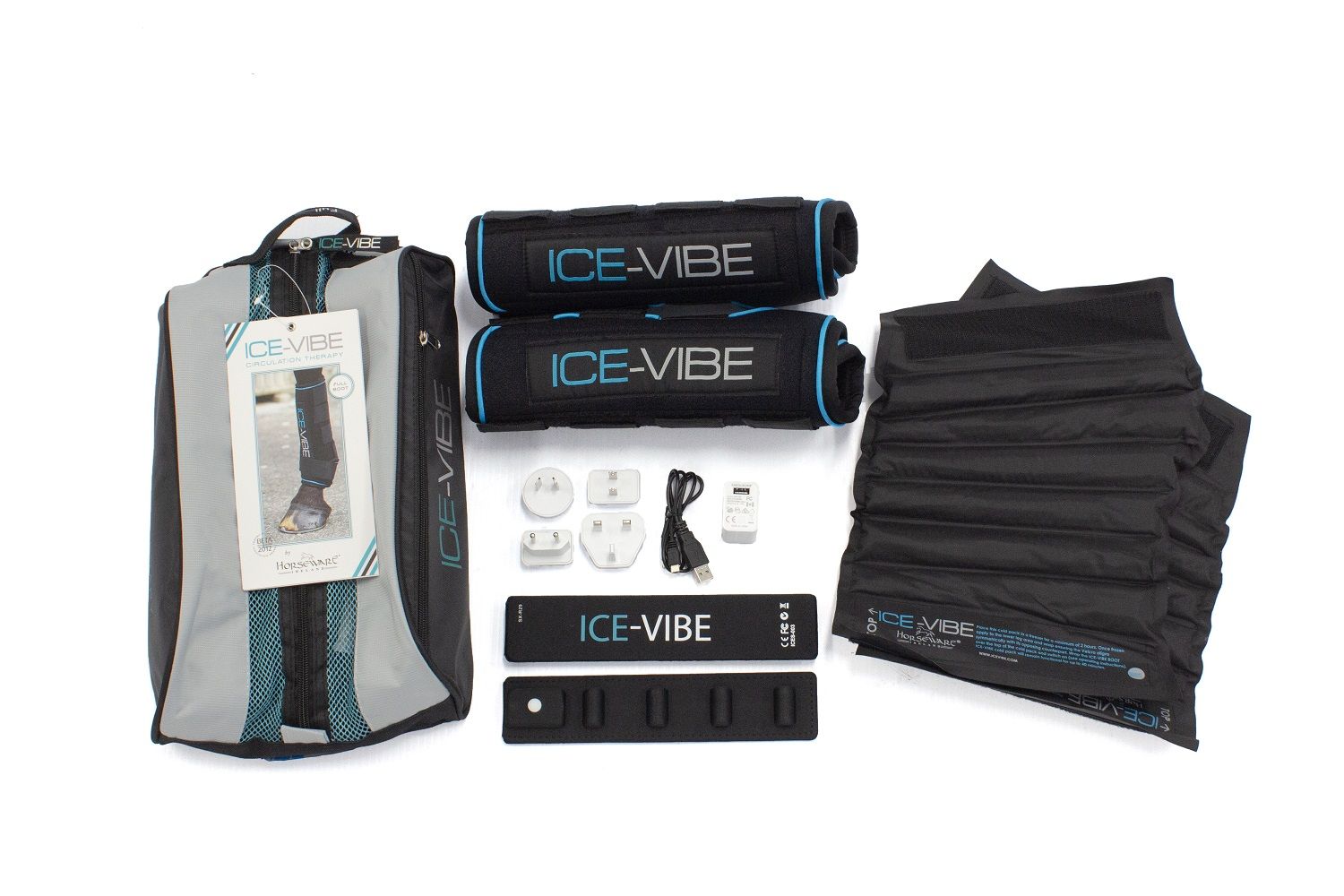 Komplettes Set Horseware Ice-Vibe Therapiegamaschen. Enthält Gamaschen, Akkus, Ladegerät, Pads und Tragetasche.