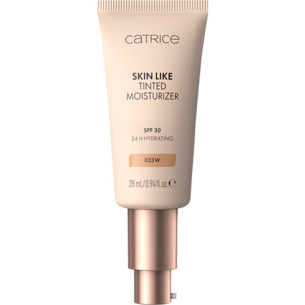 Tube mit Catrice Skin Like getönter Feuchtigkeitscreme. Aufschrift: Skin Like Tinted Moisturizer, SPF 30, 24 H Hydrating. Farbton 023W.