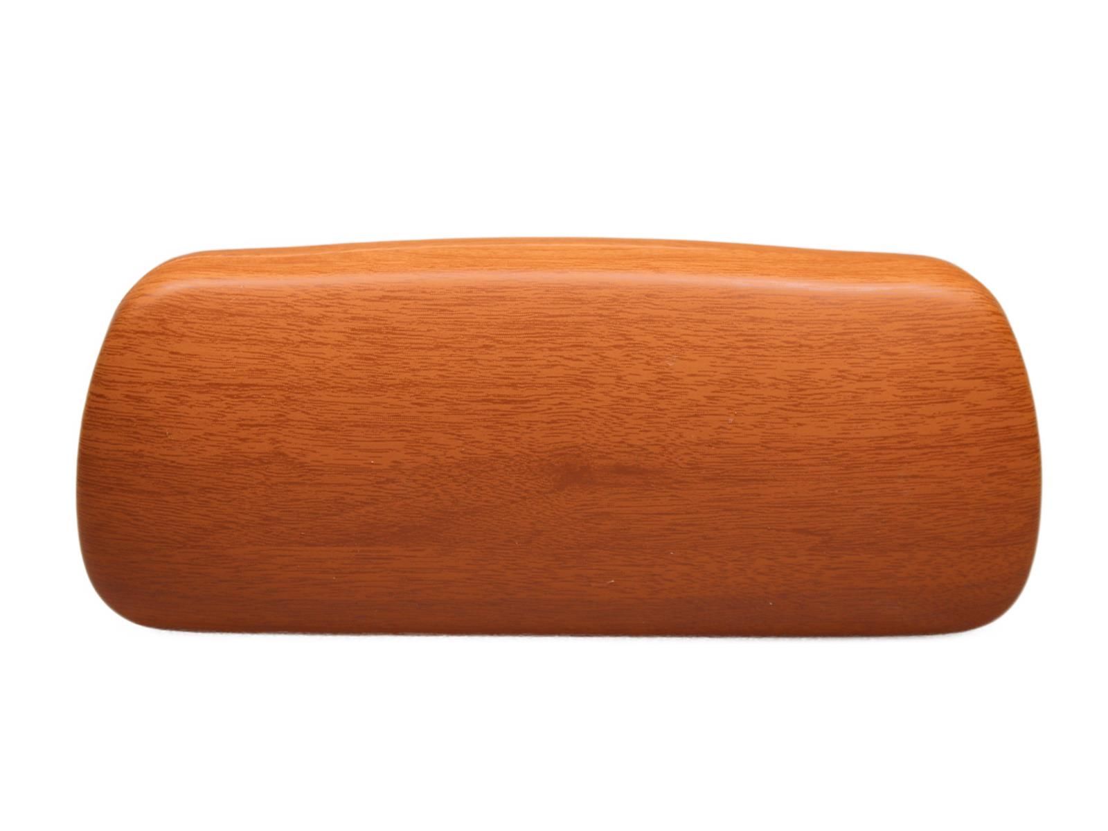 Hartschalen Etui in Holzoptik Braun, geschlossen. Ovale Form, braune Holzoptik. Oberseite mit Maserung.