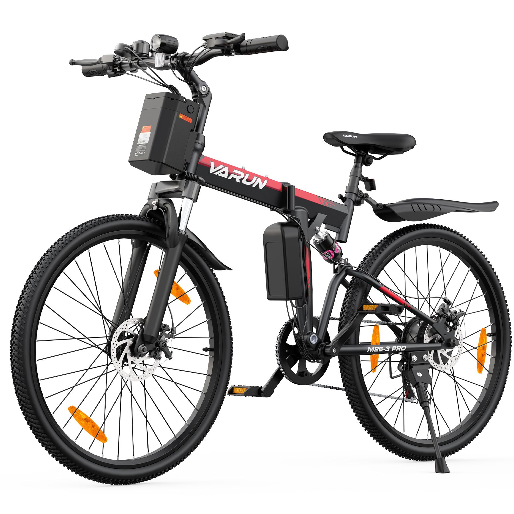 Schwarzes E-Bike mit roter Akzentfarbe. Sichtbar: VARUN-Logo, Vollfederung, Scheibenbremsen. Faltbares Design.
